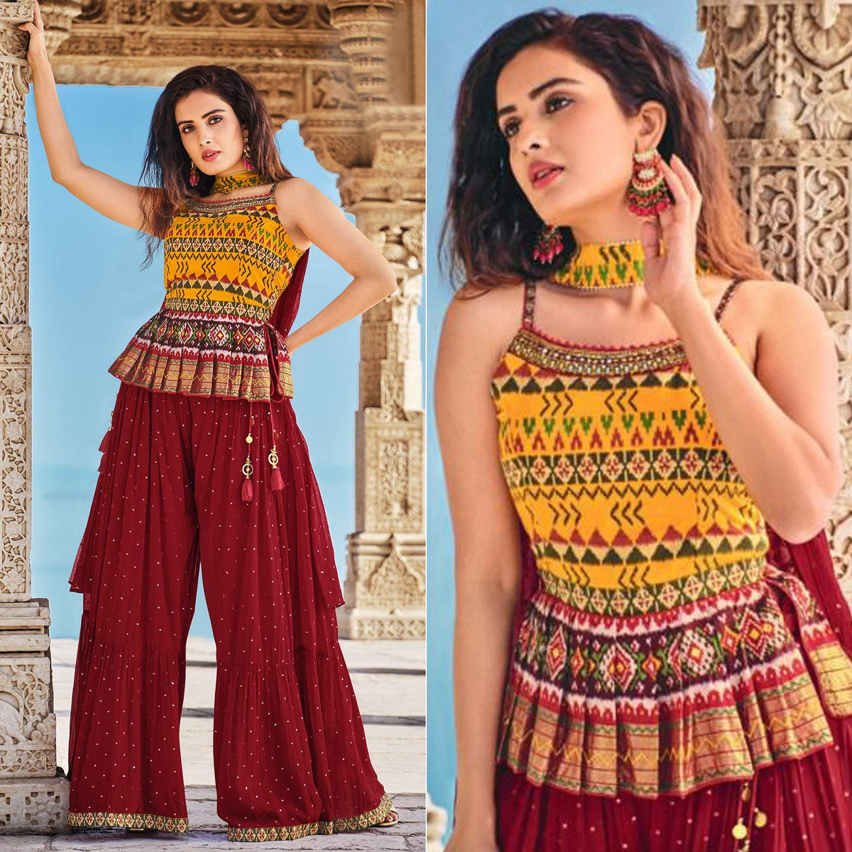 Yellow Partywear Patola Printed Silk Sharara Suit - Image 3