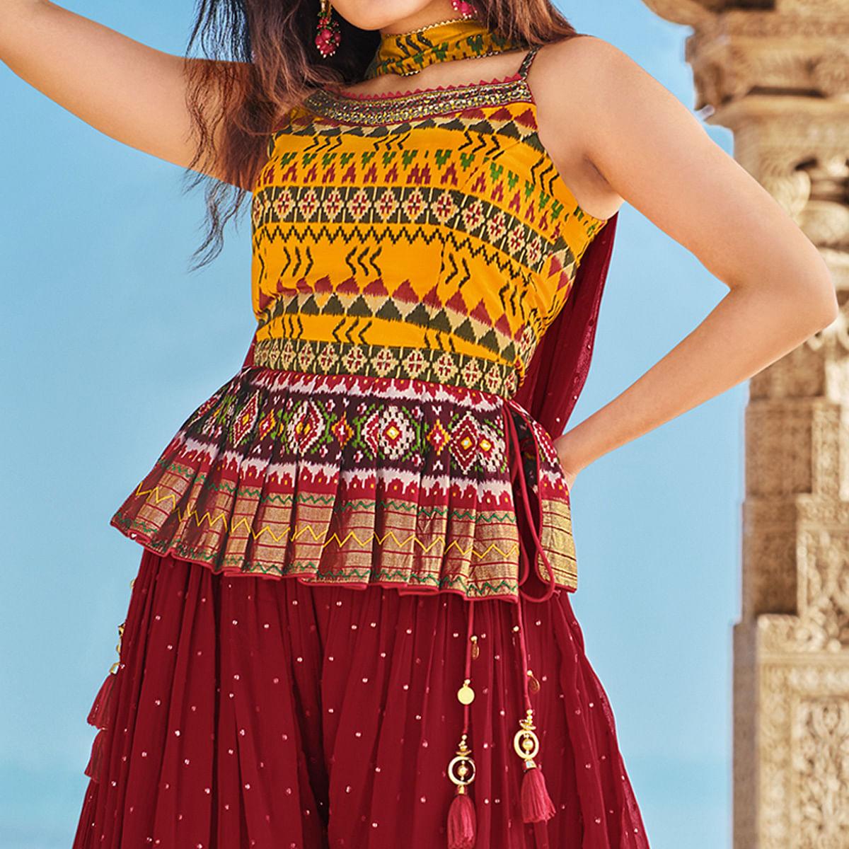 Yellow Partywear Patola Printed Silk Sharara Suit - Image 4