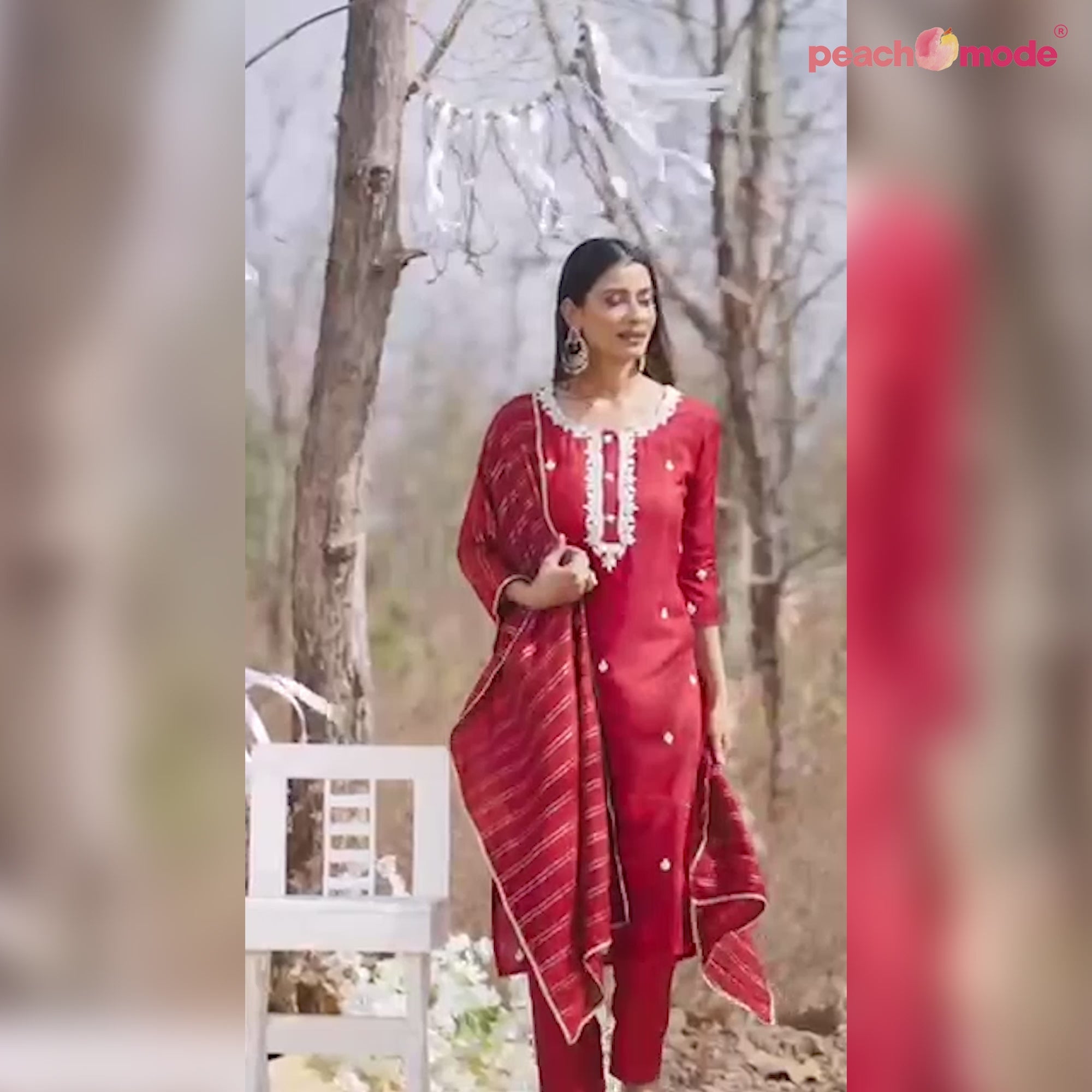 Red Embellished With Embroidered Muslin Kurti Pant Set With Dupatta