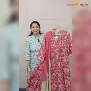 Pink Floral Printed With Gota Patti Work Muslin Anarkali Suit