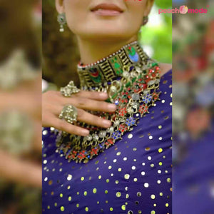 Off White & Navy Blue Printed Muslin Lehenga Choli