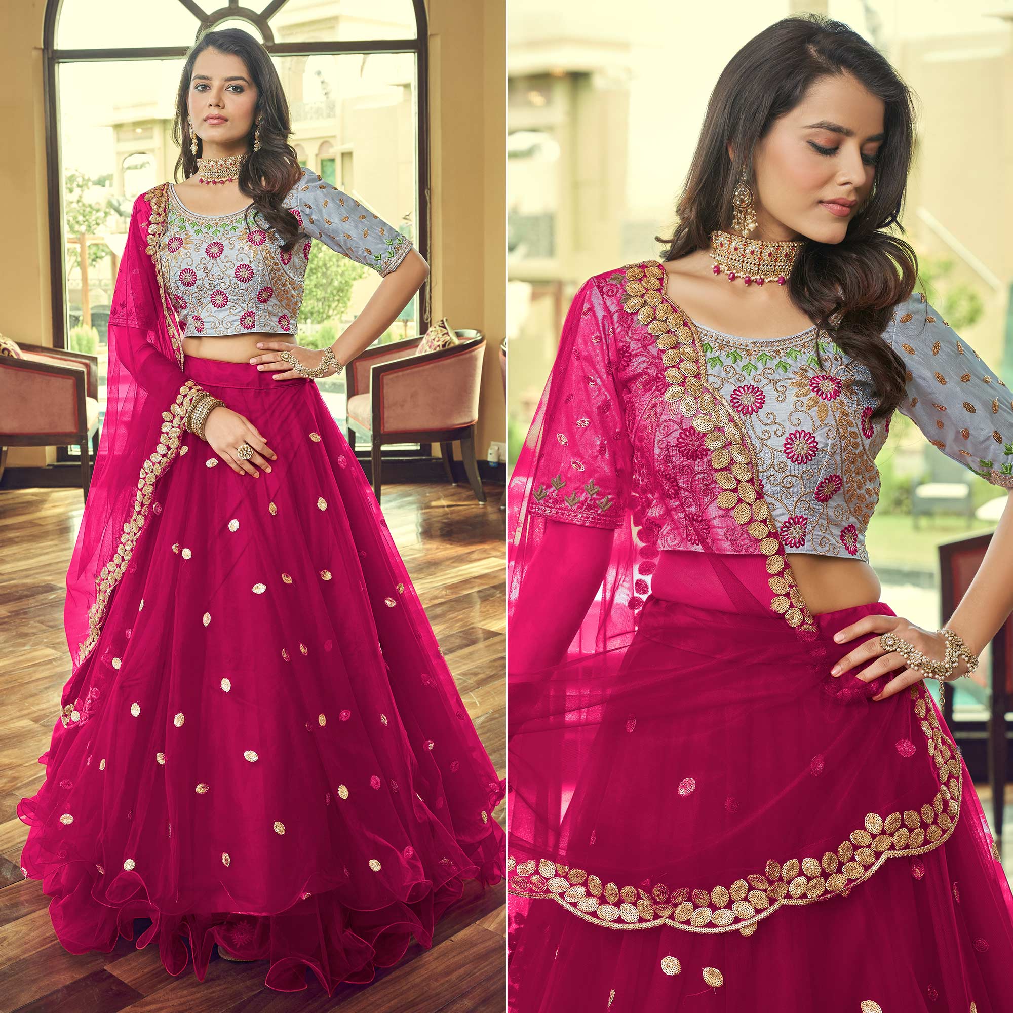 Dark Pink Sequins Embroidered Netted Lehenga Choli