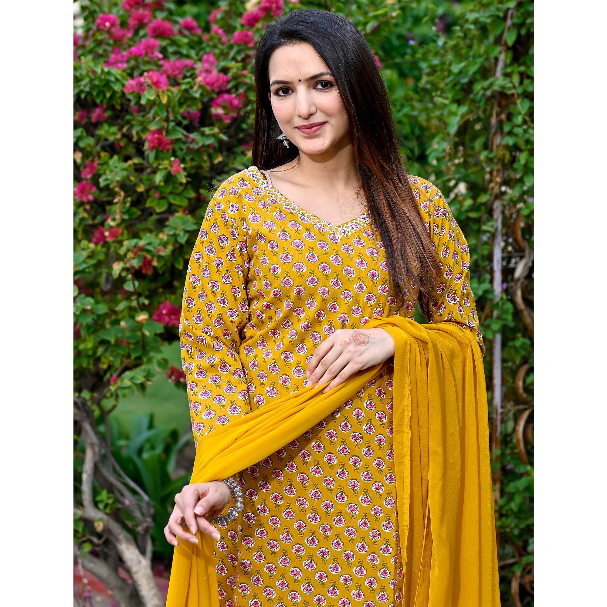 Mustard Floral Printed Pure Cotton Salwar Suit