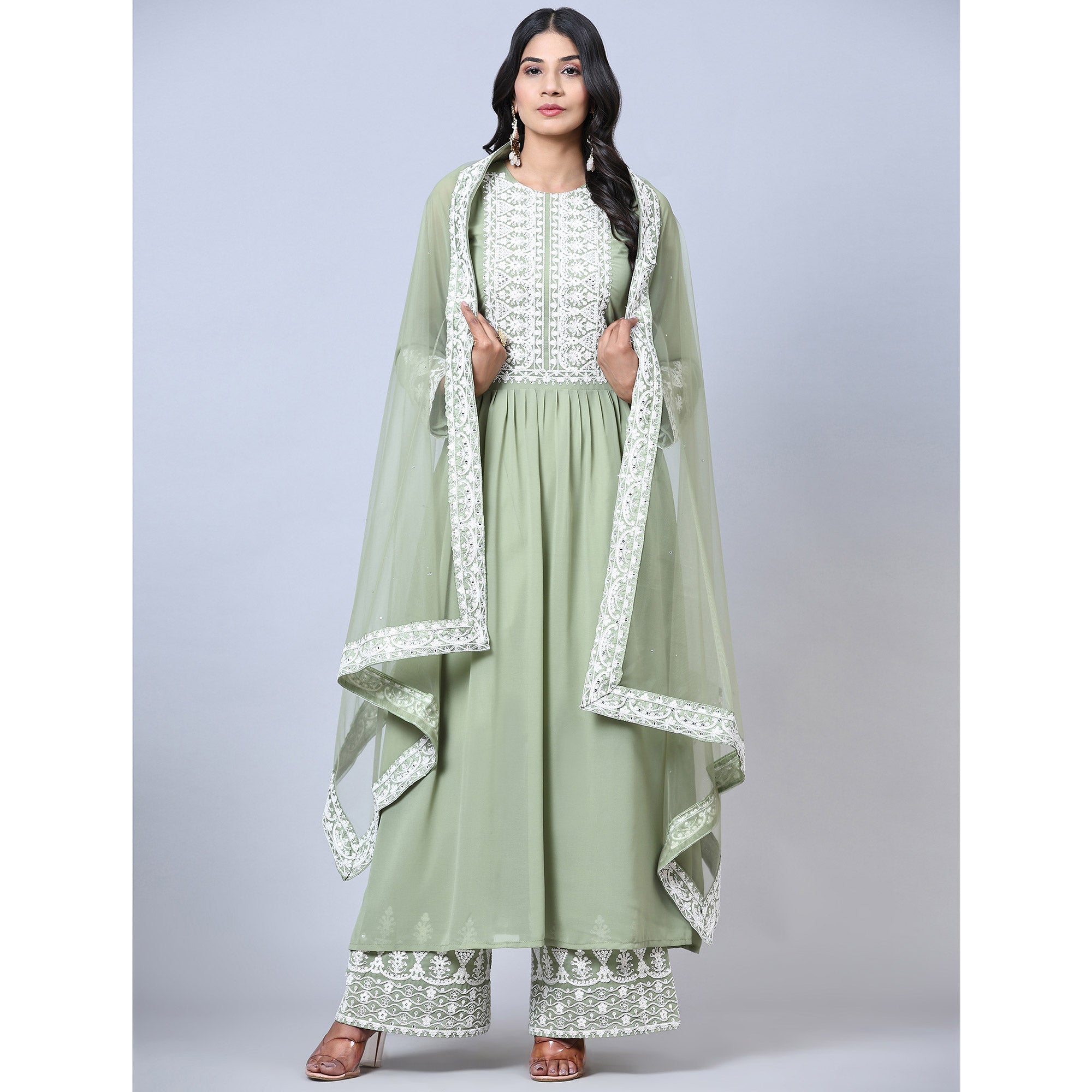 Green Partywear Embroidered Faux Georgette Palazzo Suit