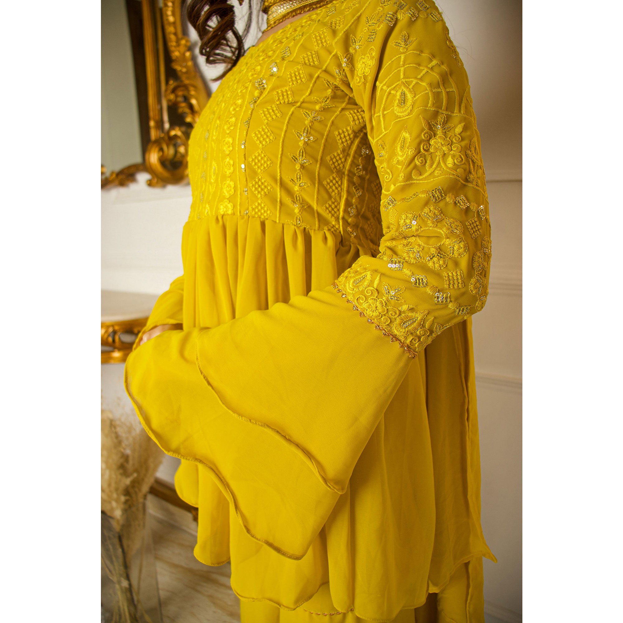 Lemon Yellow Sequins Embroidered Georgette Sharara Suit