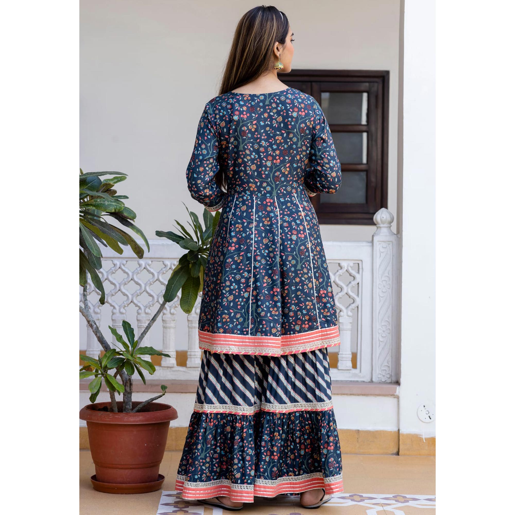 Blue Floral Printed With Gota Work Muslin Sharara Suit