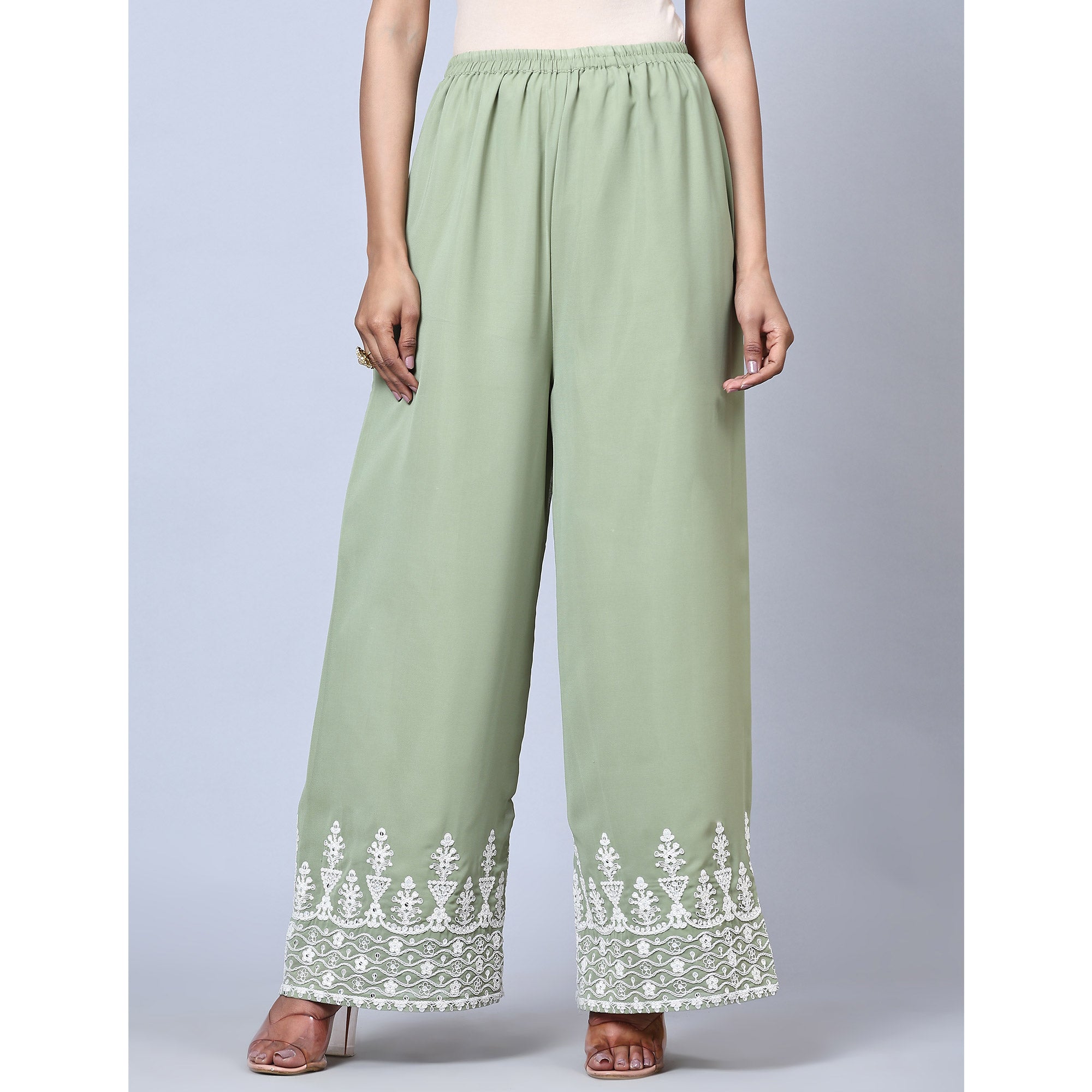 Green Partywear Embroidered Faux Georgette Palazzo Suit