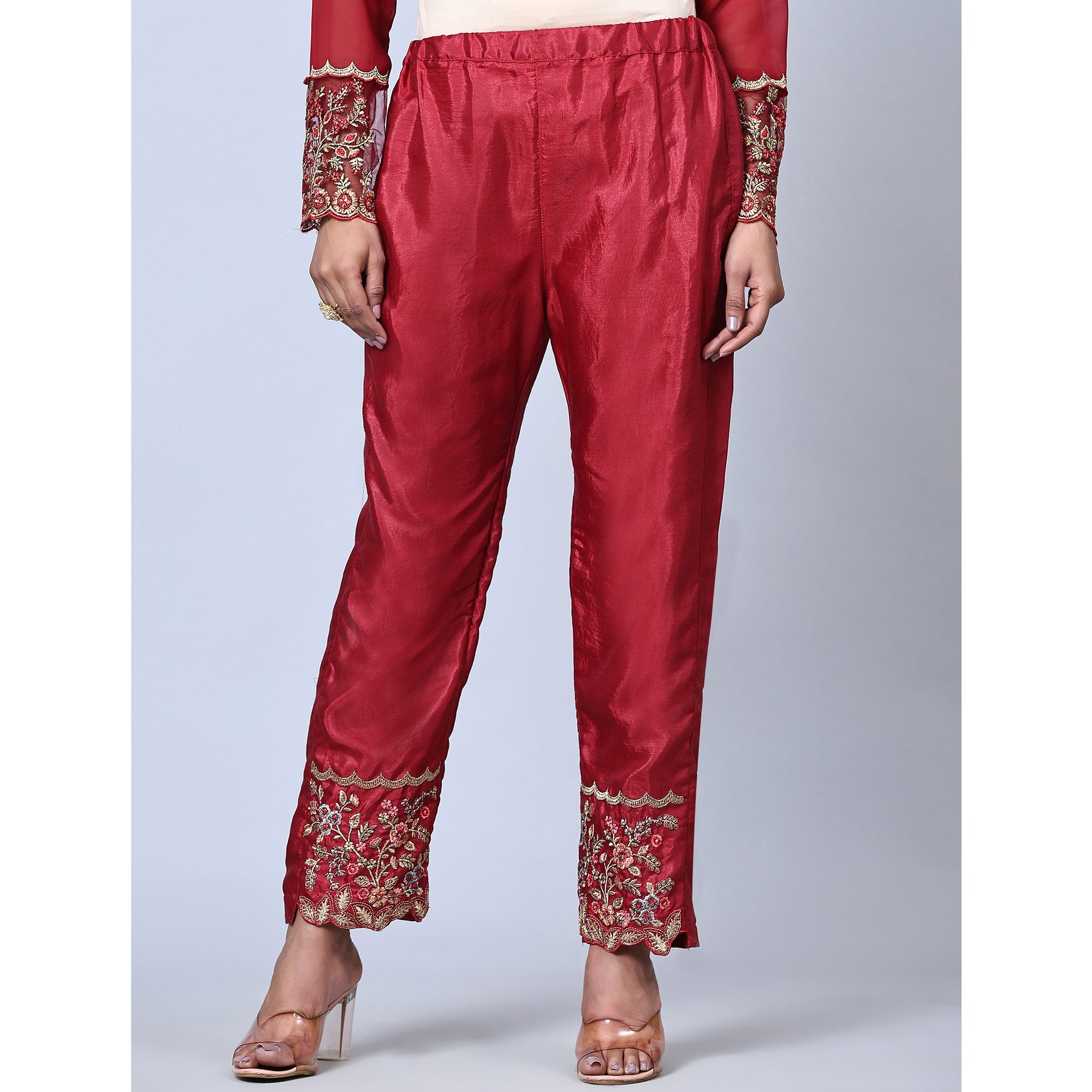 Maroon Embroidered Gerorgette Straight Partywear Suit