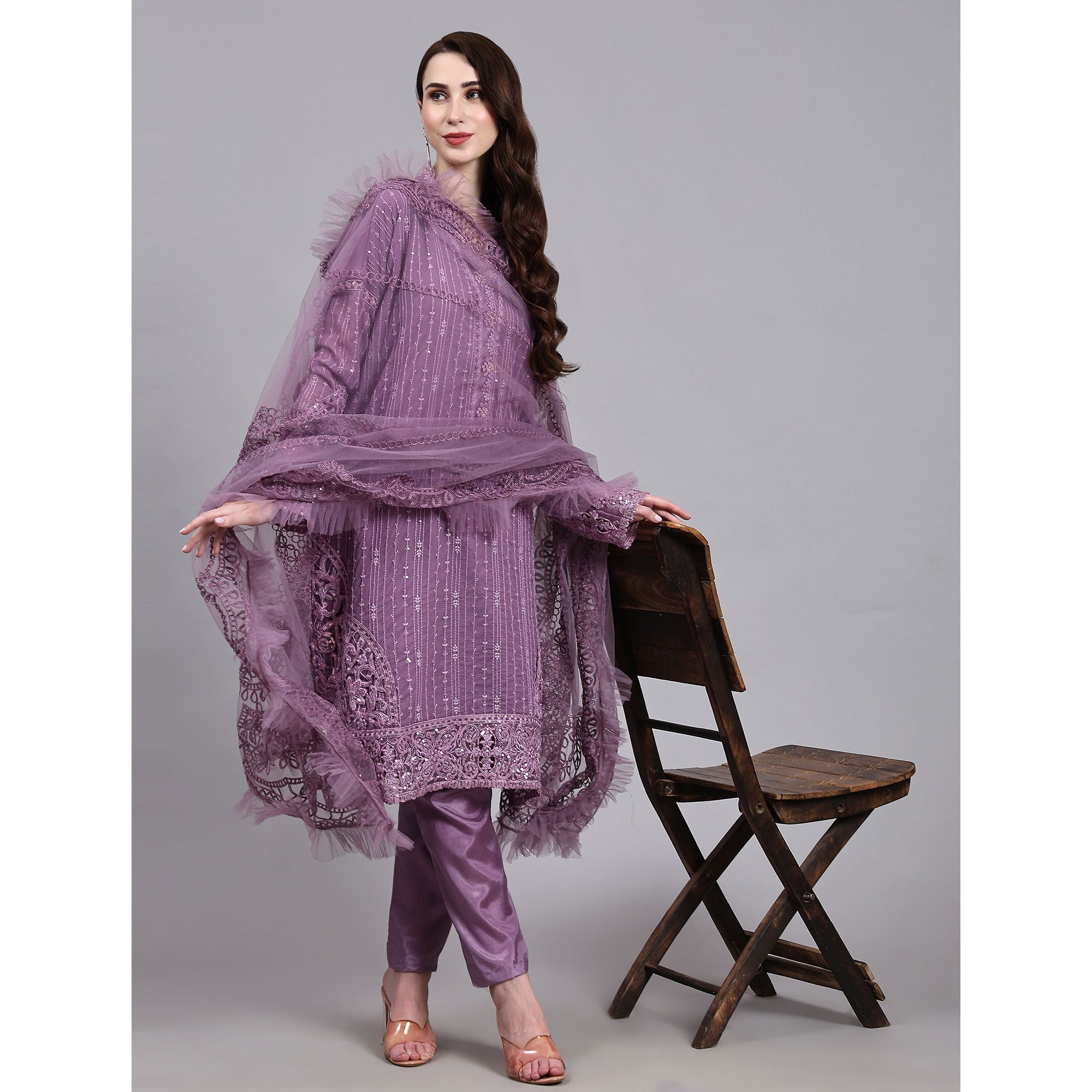 Light Purple Embellished With Embroidered Georgette Pakistani Suit