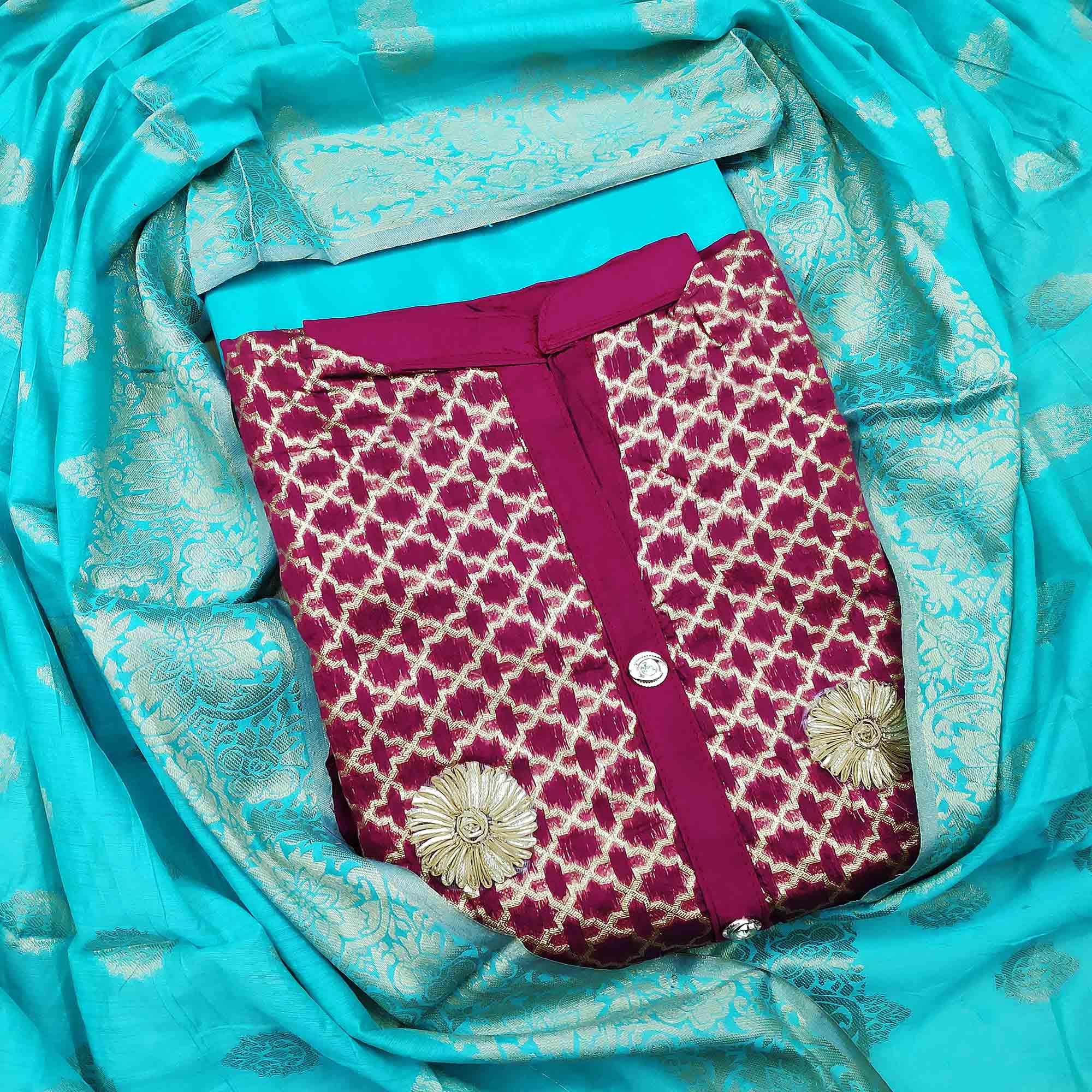 Appealing Magenta Pink Colored Festive Wear Woven Heavy Banarasi Silk Dress Material - Peachmode