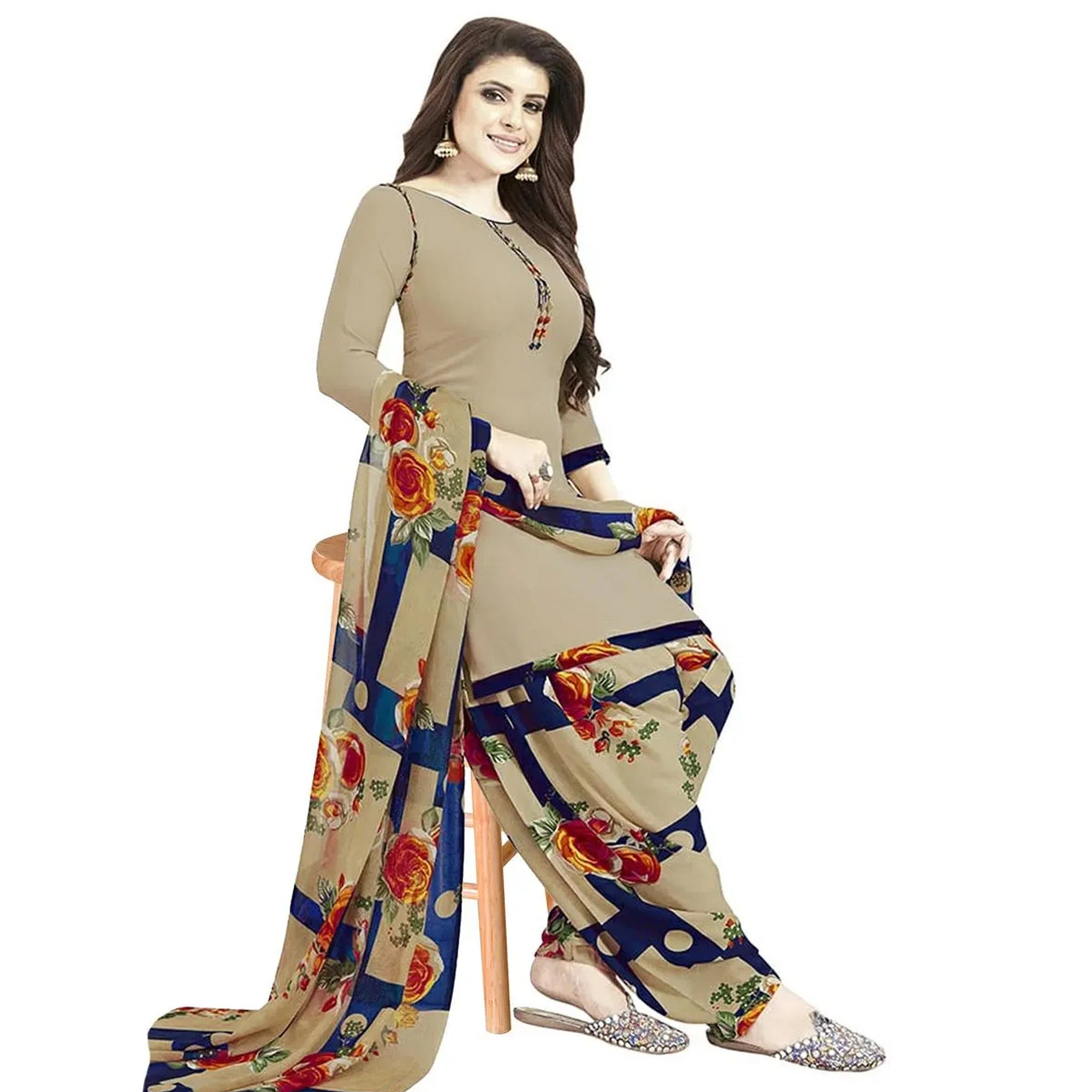 Green And Beige Printed Crepe Patiala Dress Material Pack of 2 - Peachmode