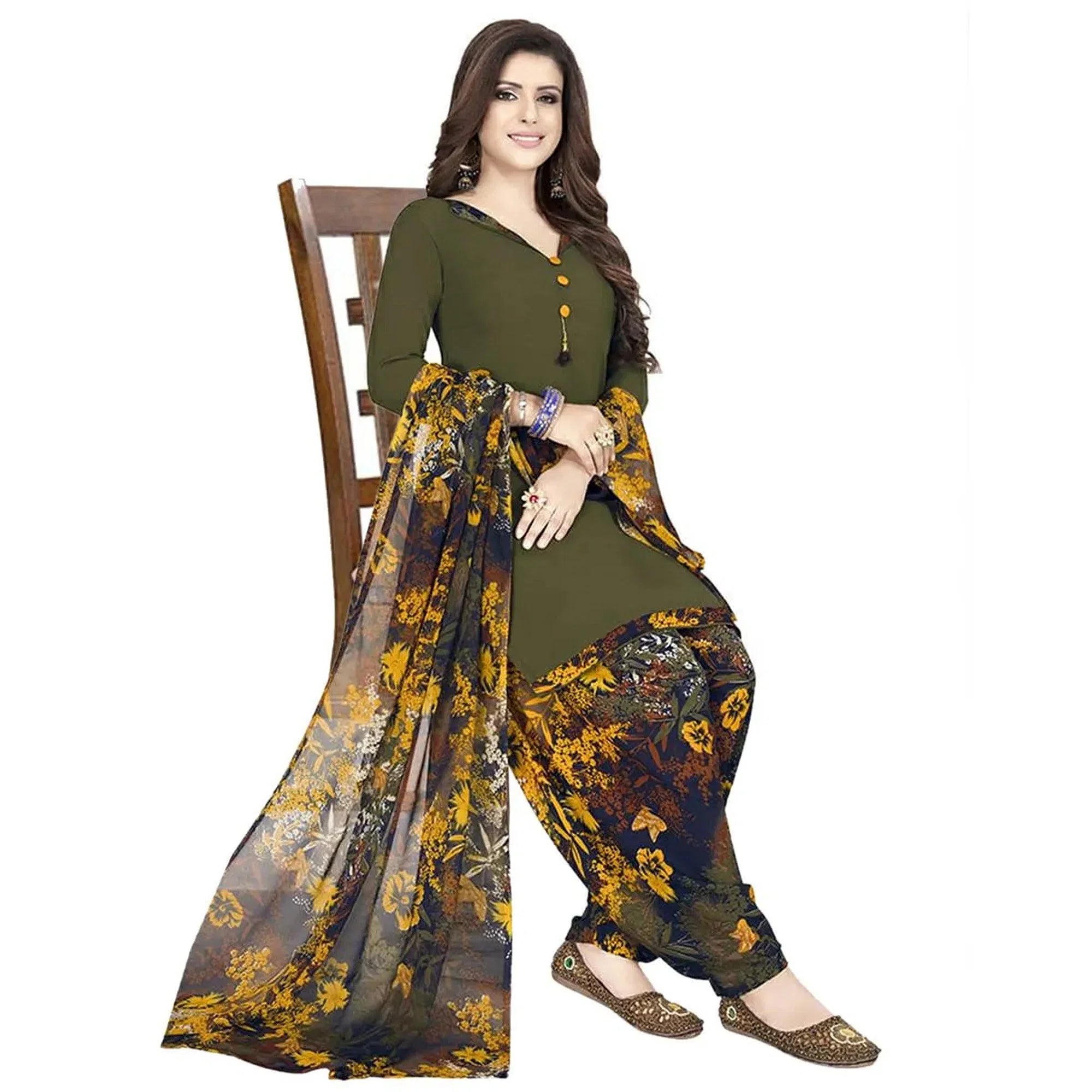 Green And Beige Printed Crepe Patiala Dress Material Pack of 2 - Peachmode