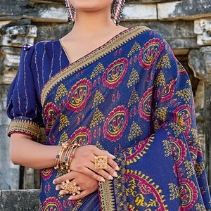 Blue Casual Wear Printed Tussar Silk Saree - Peachmode