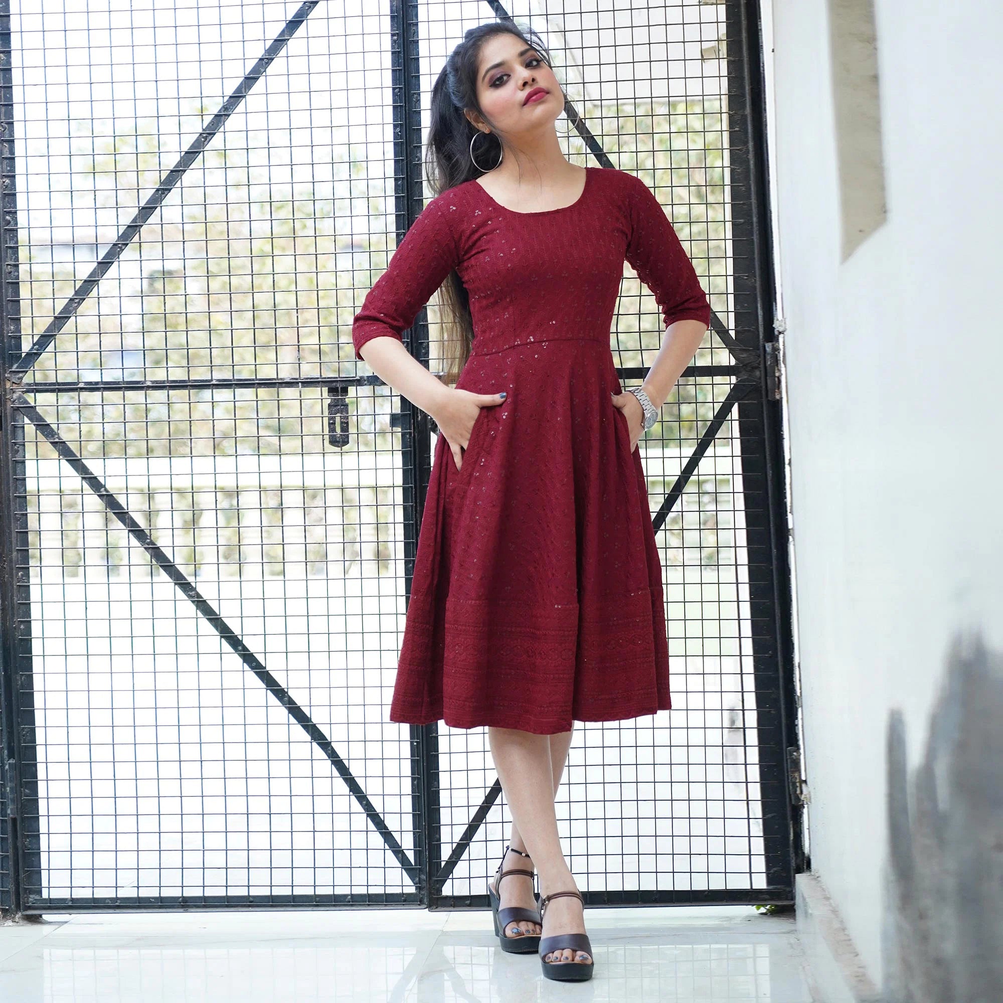 Maroon Partywear Lucknowi Chikankari Rayon Dress - Peachmode