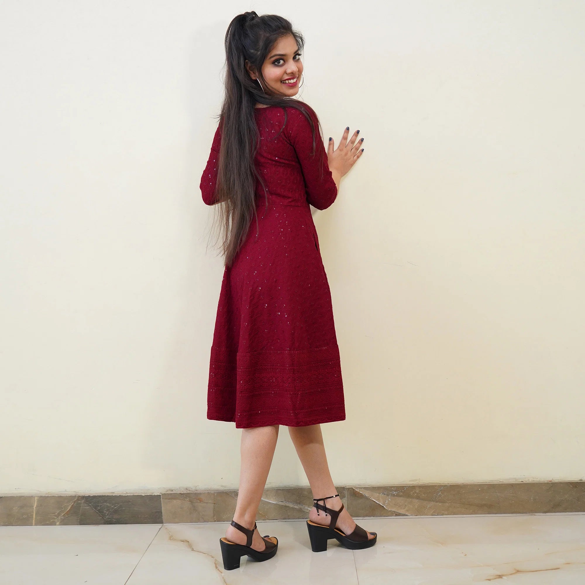 Maroon Partywear Lucknowi Chikankari Rayon Dress - Peachmode