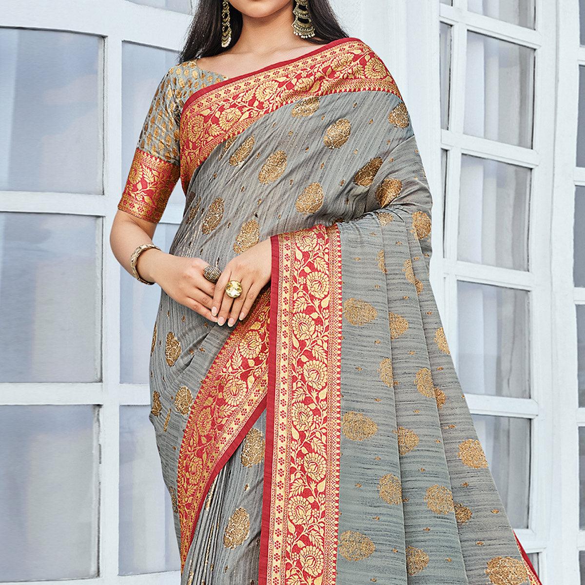 Grey Festive Wear Woven Cotton Handloom Saree - Peachmode