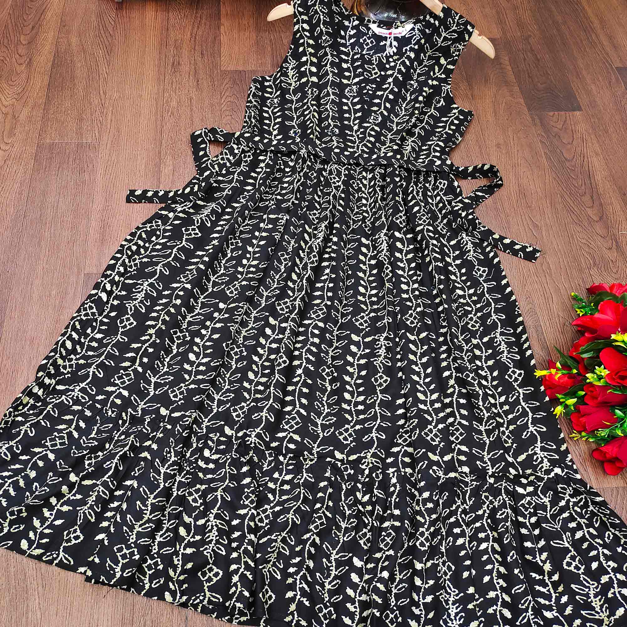 Black Floral Printed Rayon Gown