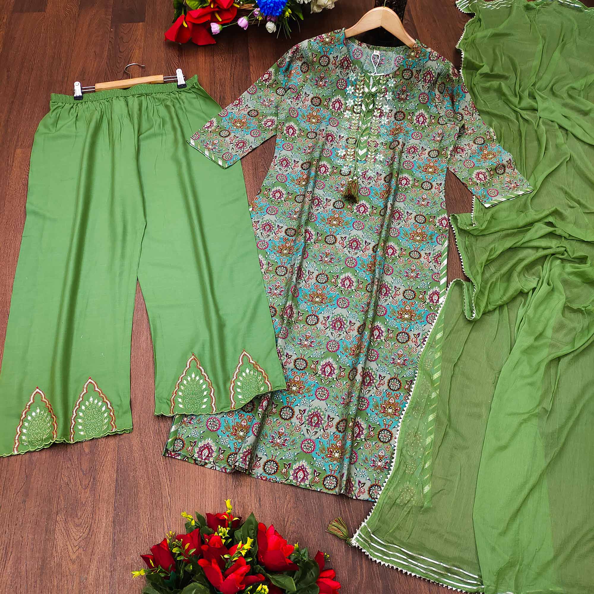 Green Foil Printed Muslin Salwar Suit