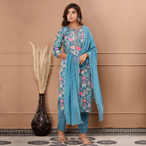 Blue Floral Printed Muslin Salwar Suit