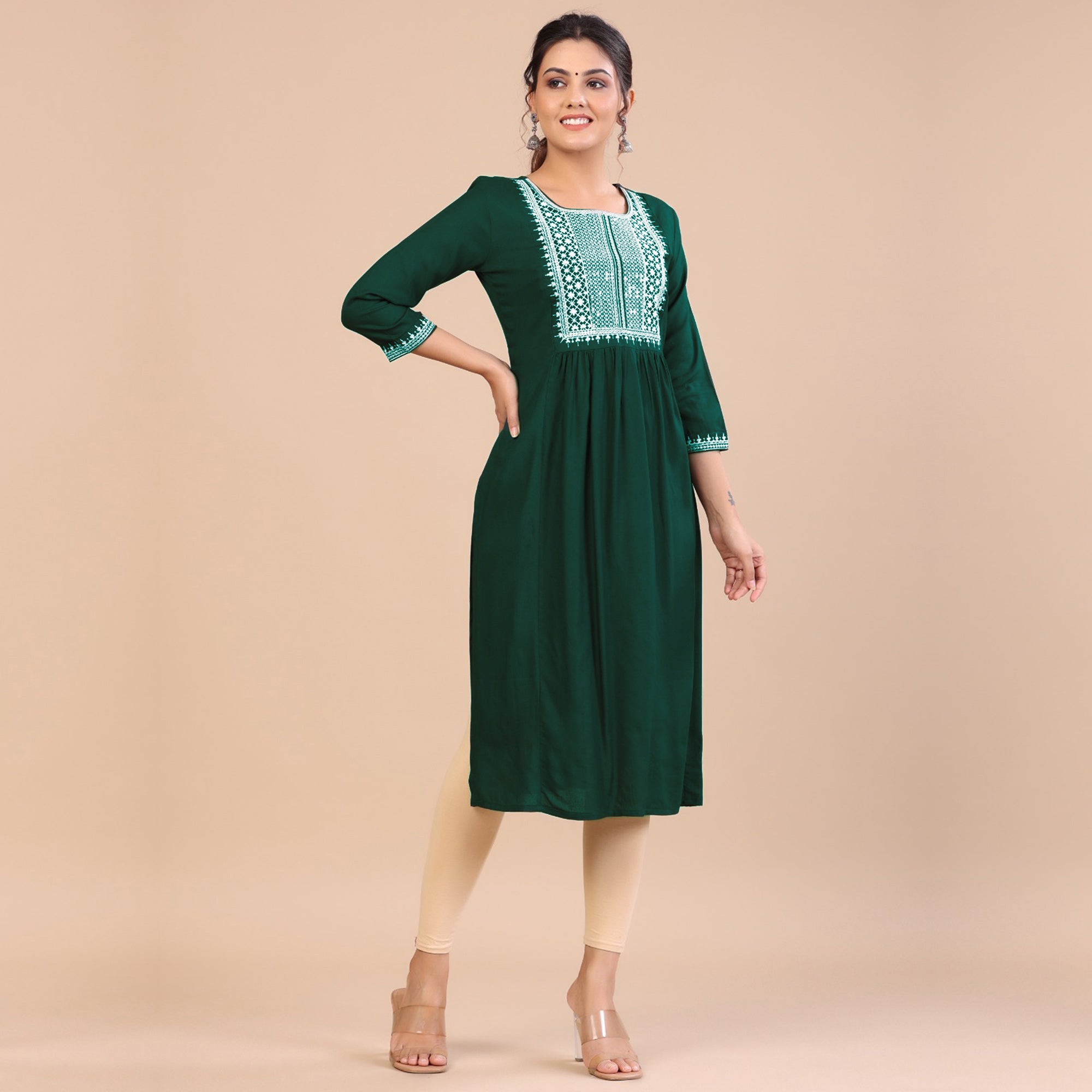 Green Embroidered Rayon Kurti