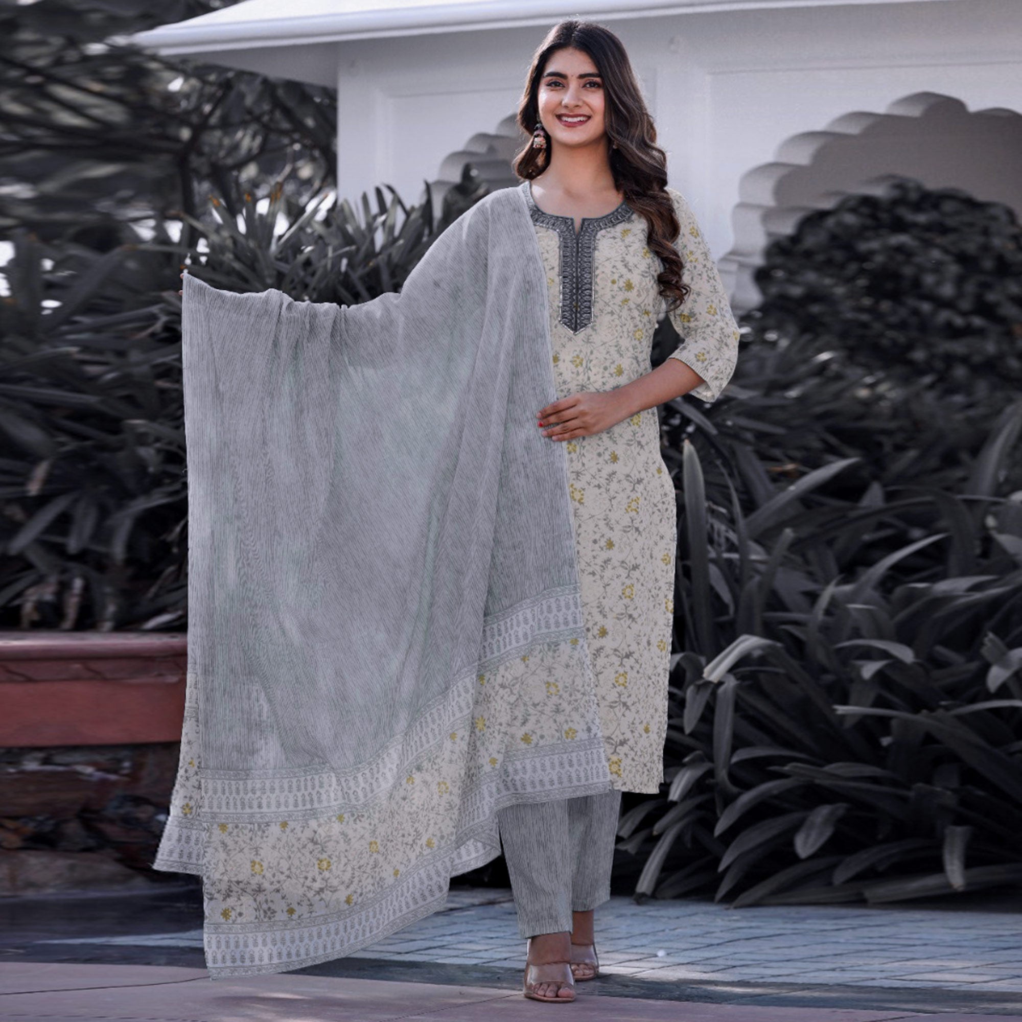 White And Grey Jaipuri Printed Pure Cotton Suit