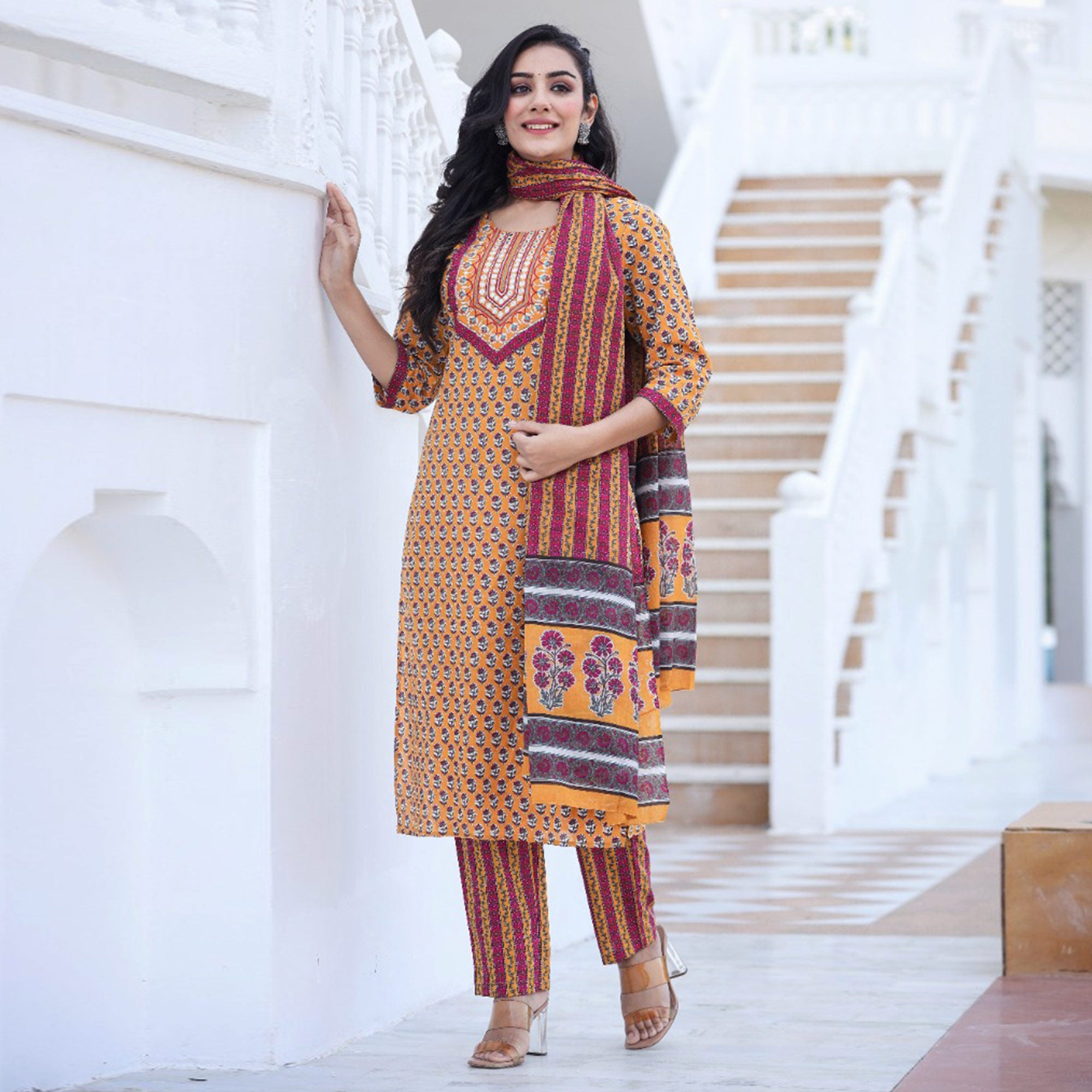 Orange Jaipuri Printed Pure Cotton Suit