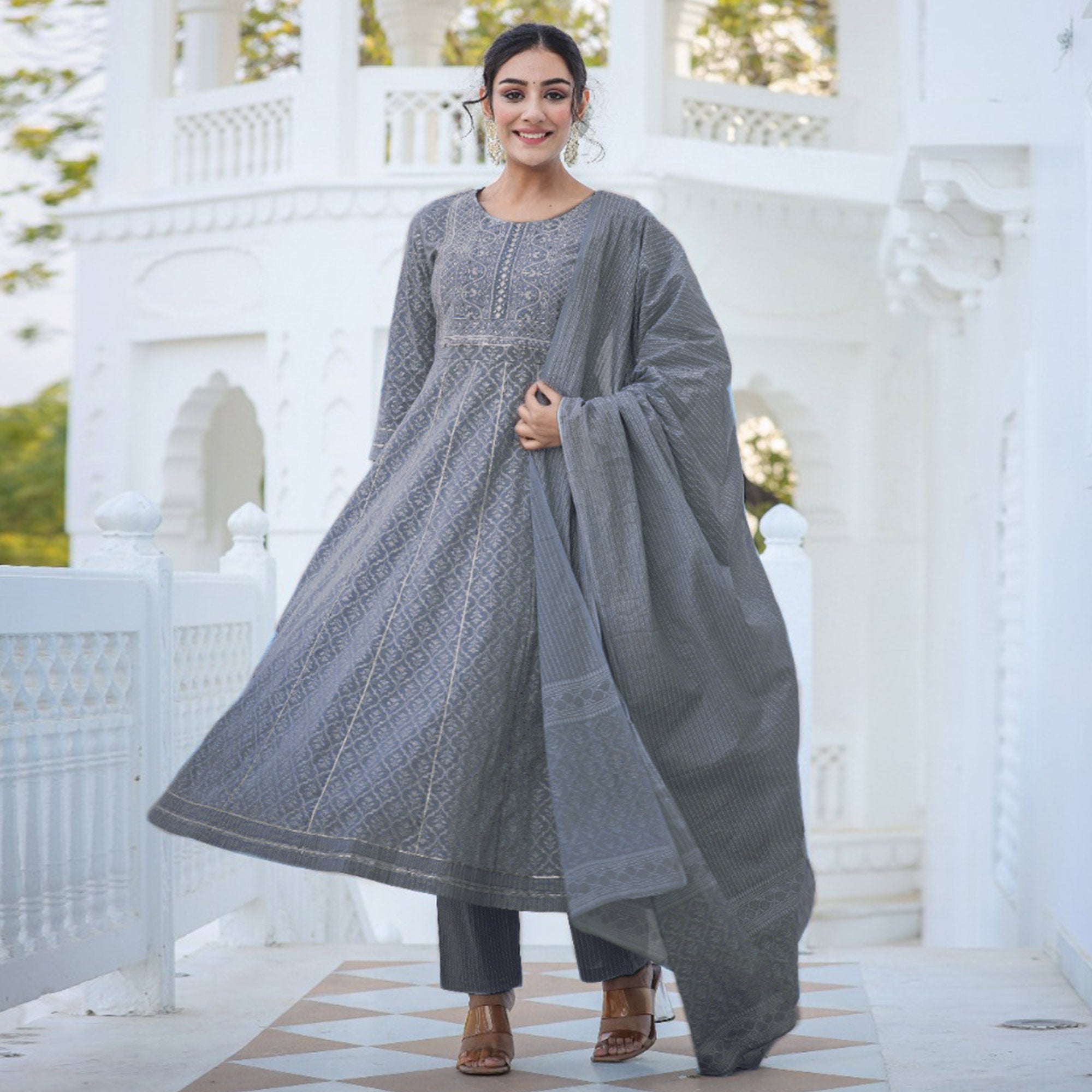 Grey Jaipuri Print With Gota Work Pure Cotton Anarkali Suit