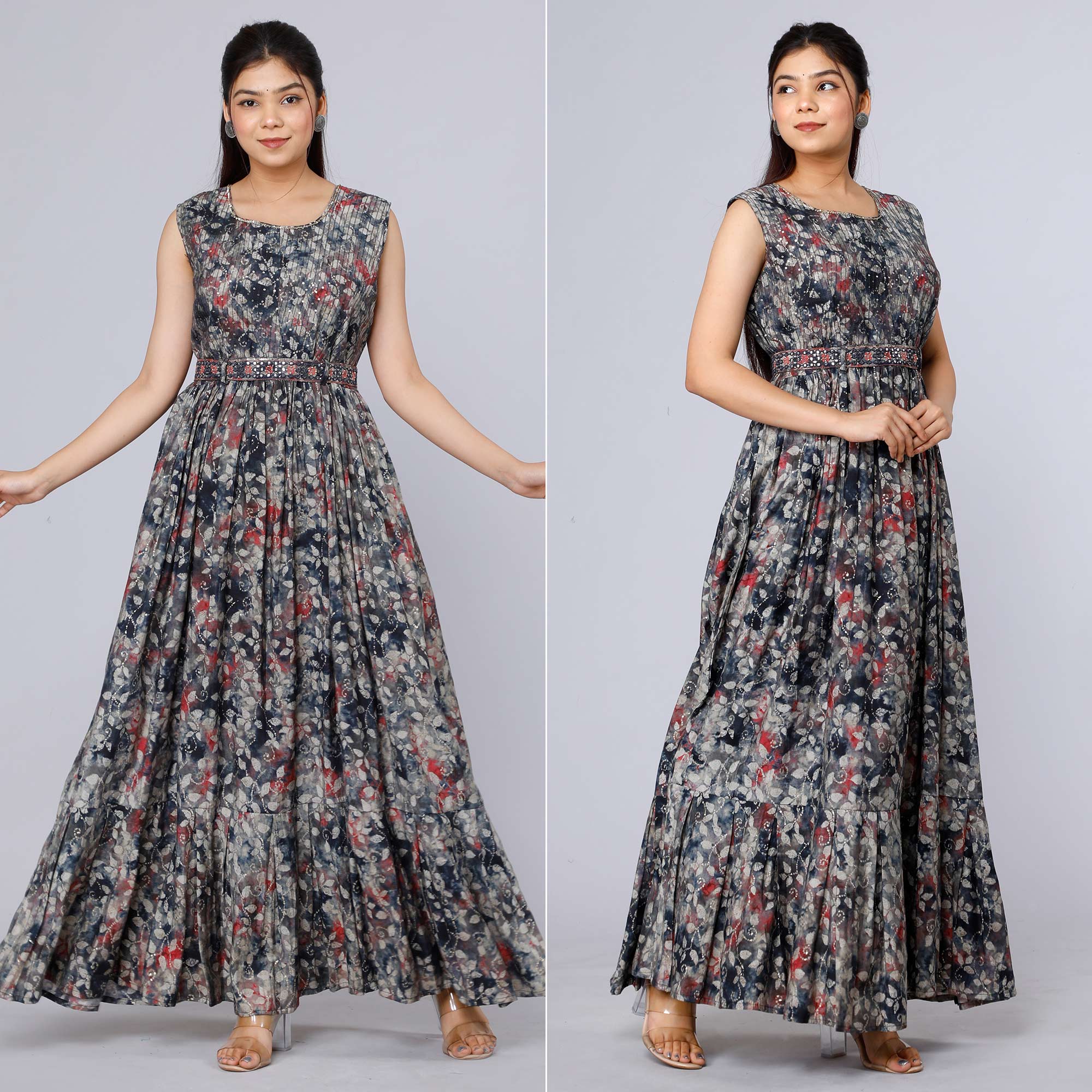 Grey Floral Printed Muslin Gown