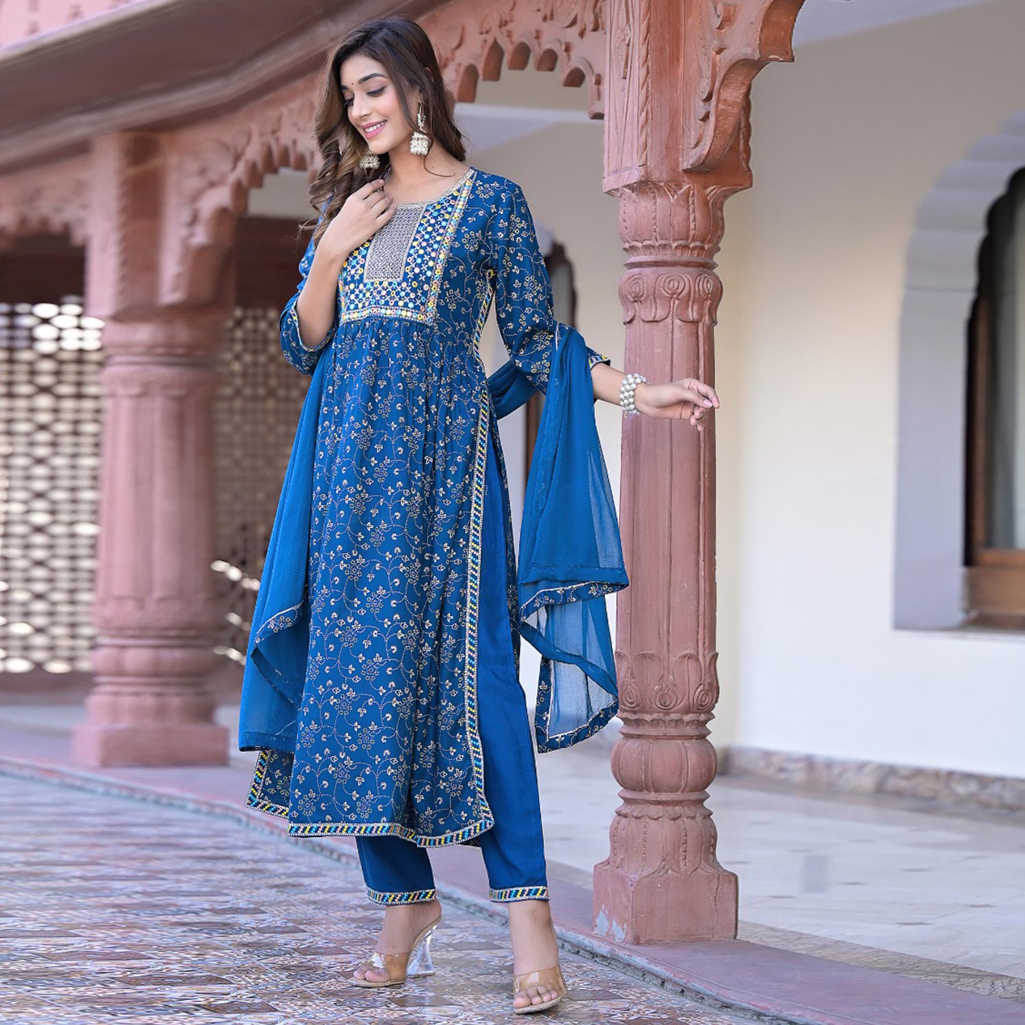 Blue Floral Printed Pure Cotton Naira Cut Suit