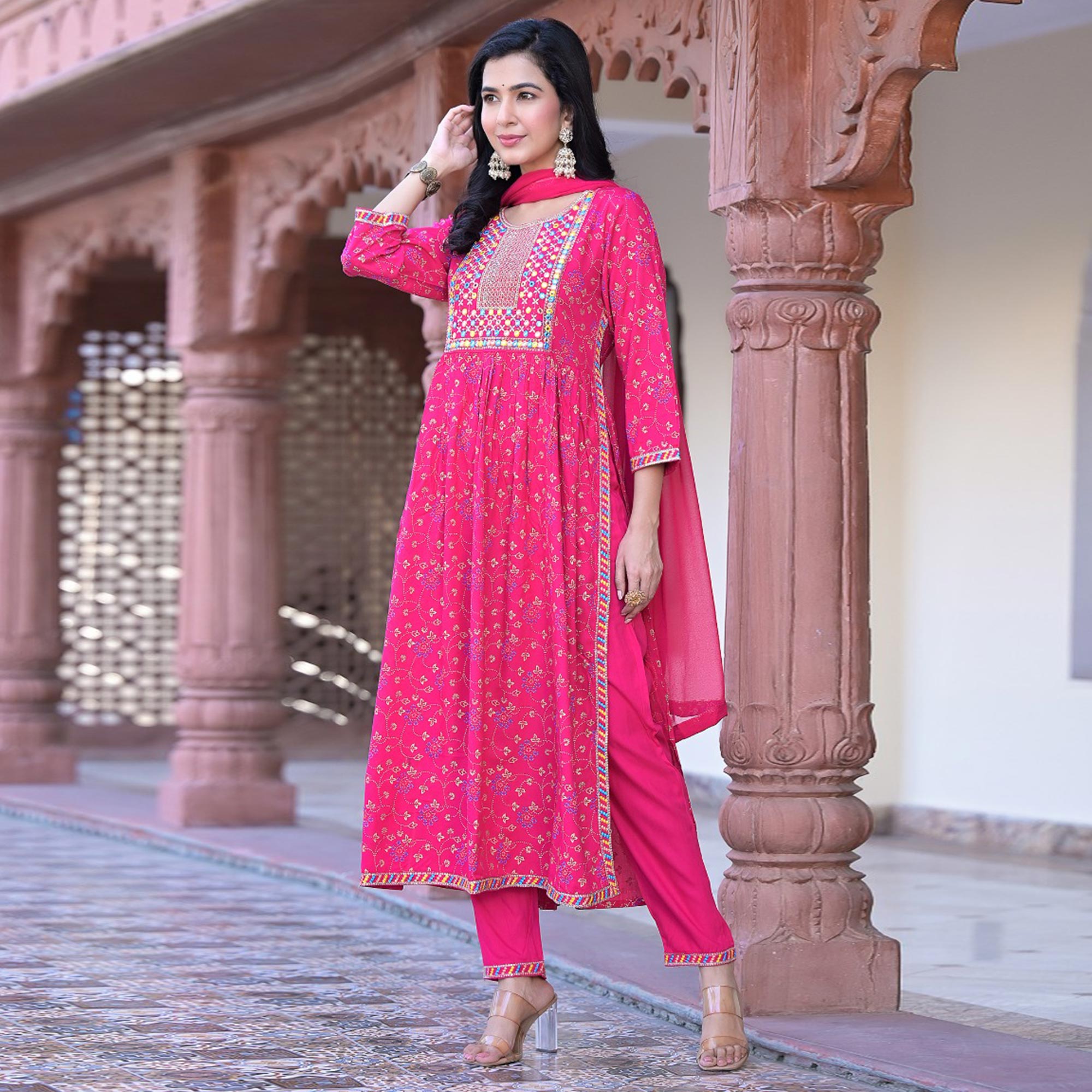 Pink Floral Printed Pure Cotton Naira Cut Suit