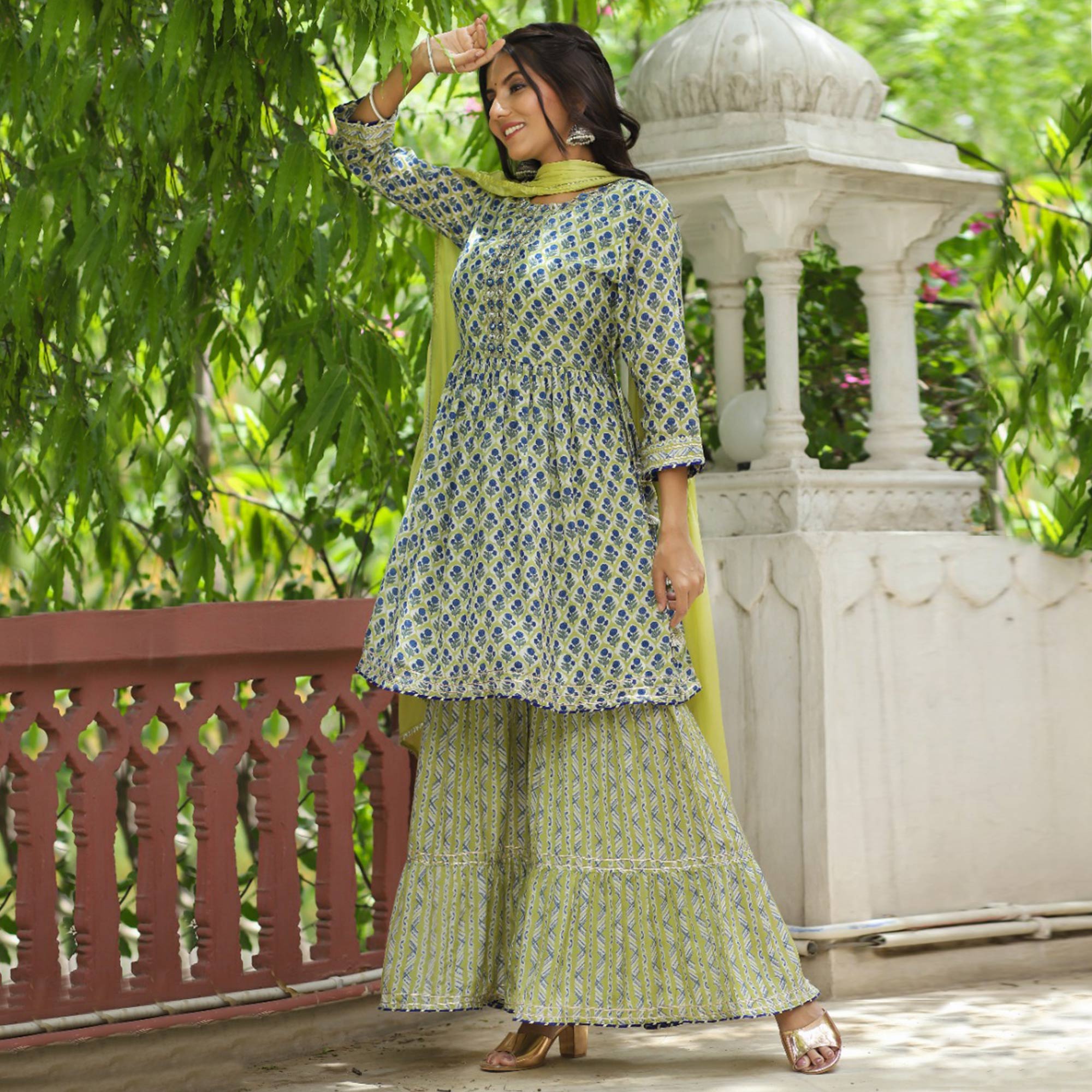 Lemon Green Jaipuri Printed And Gota Work Muslin Sharara Suit