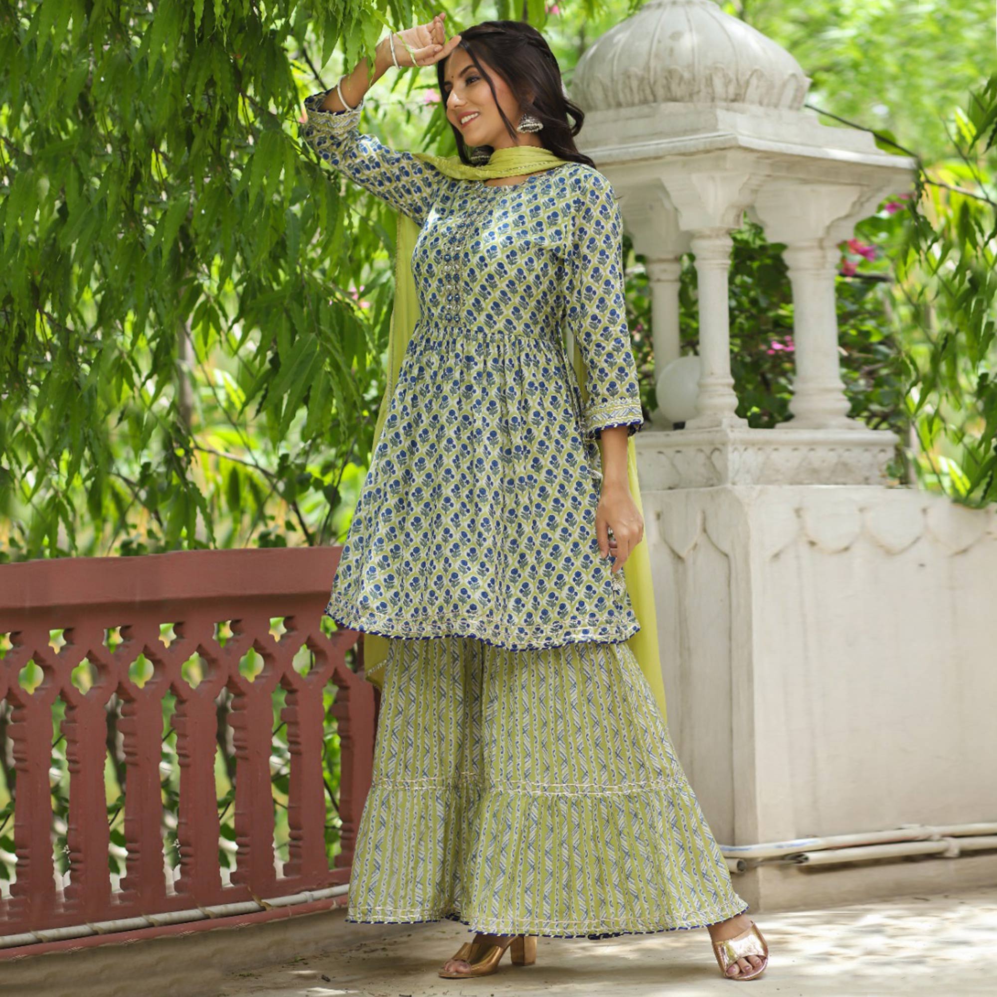 Lemon Green Jaipuri Printed And Gota Work Muslin Sharara Suit