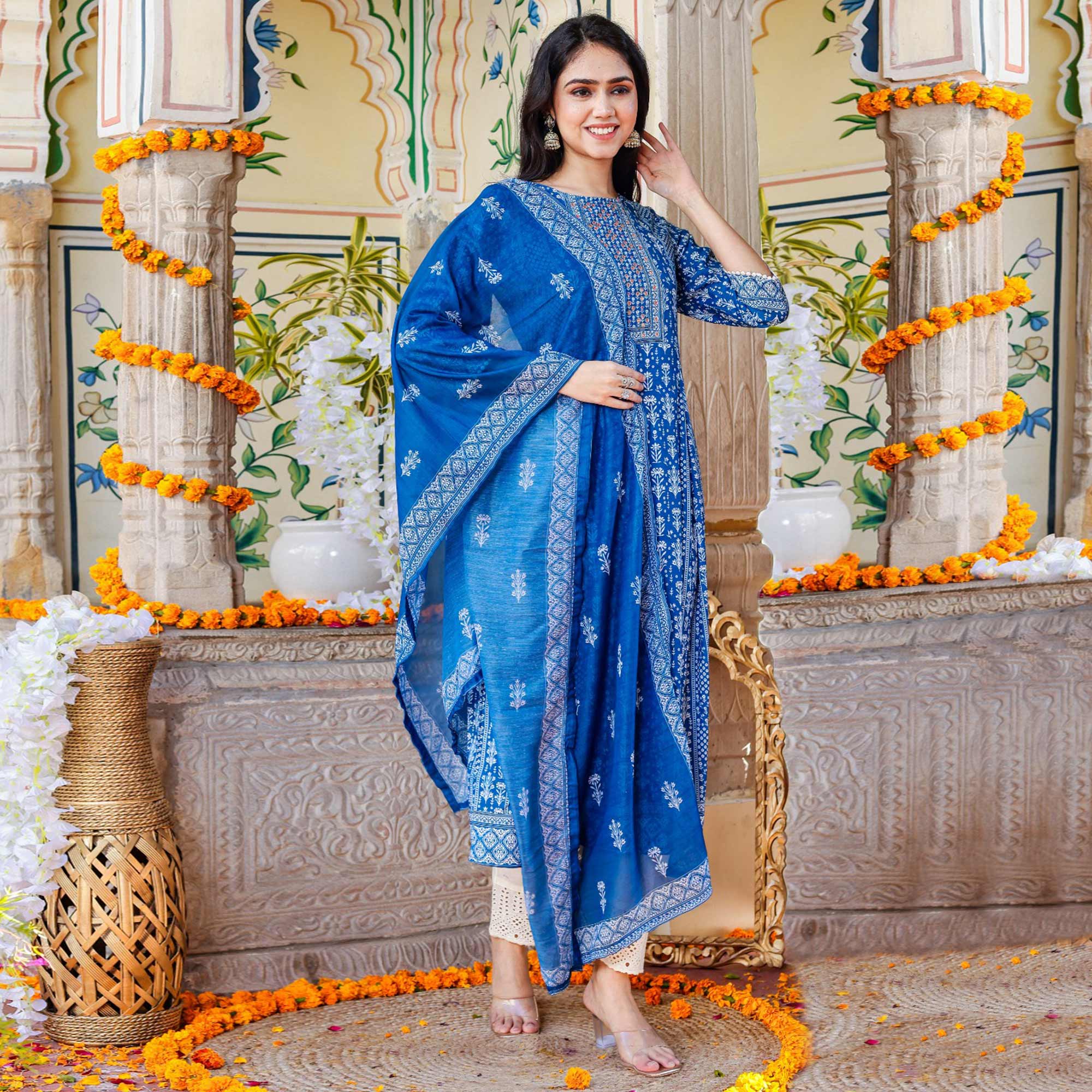 Blue Jaipuri Printed Cotton Blend Anarkali Suit