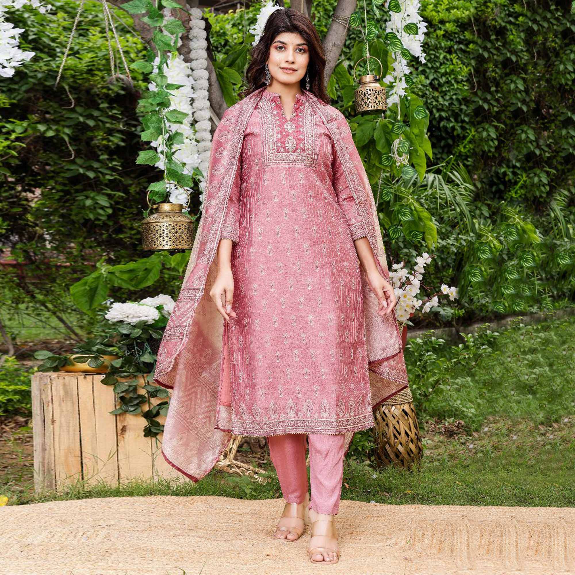 Pink Floral Embroidered Chanderi Salwar Suit
