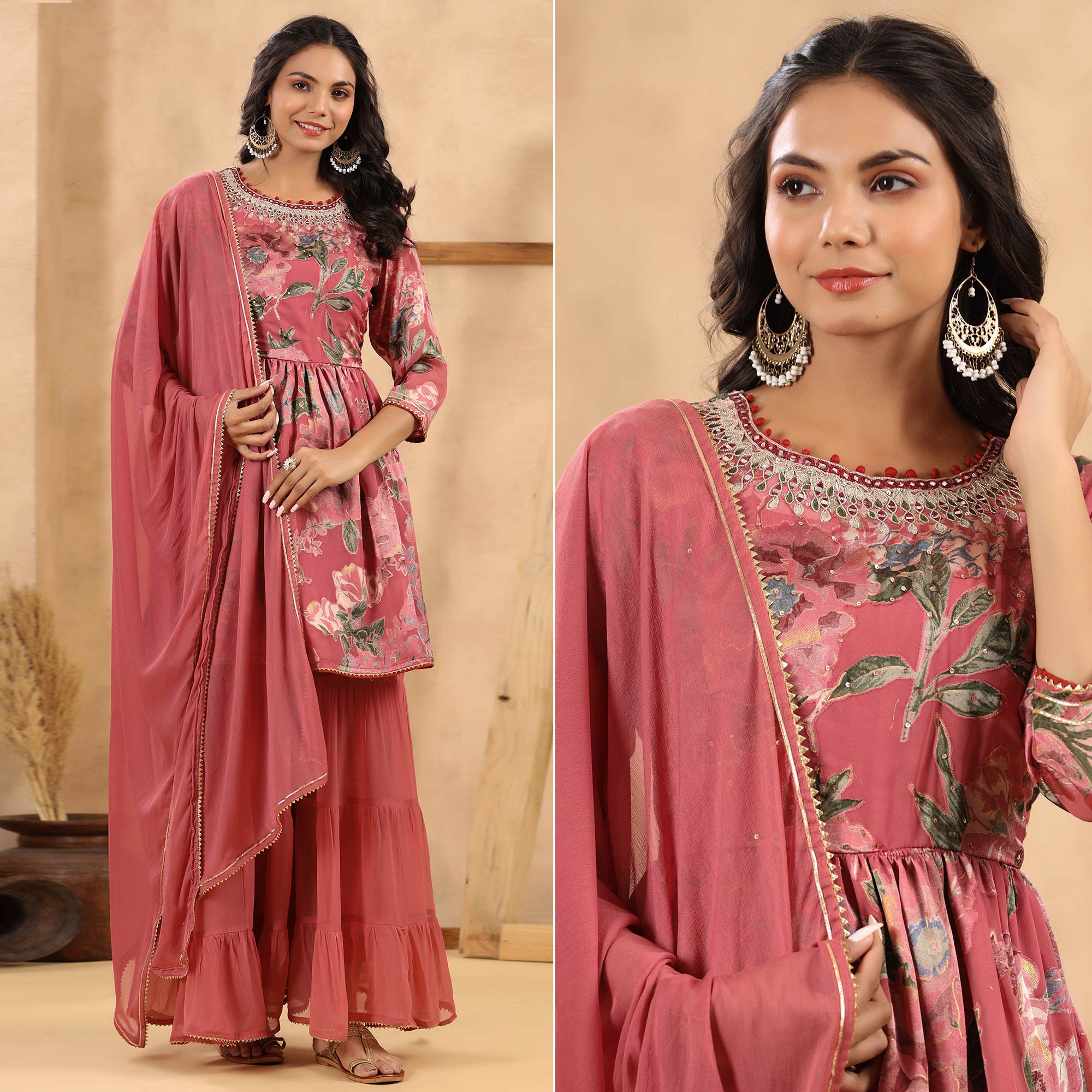 Mauve Floral Printed Georgette Sharara Suit