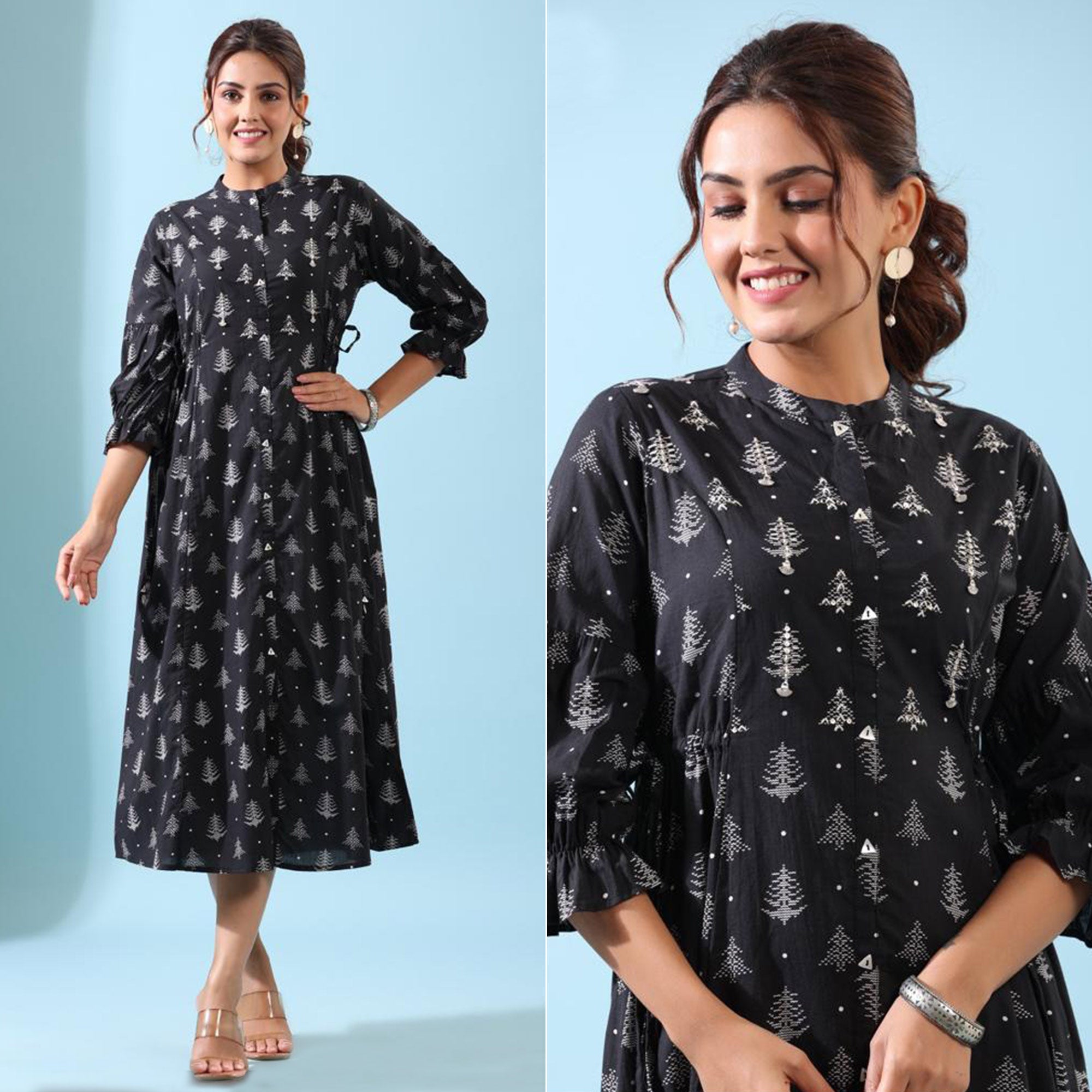 Black Floral Printed Pure Cotton Anarkali Style Gown