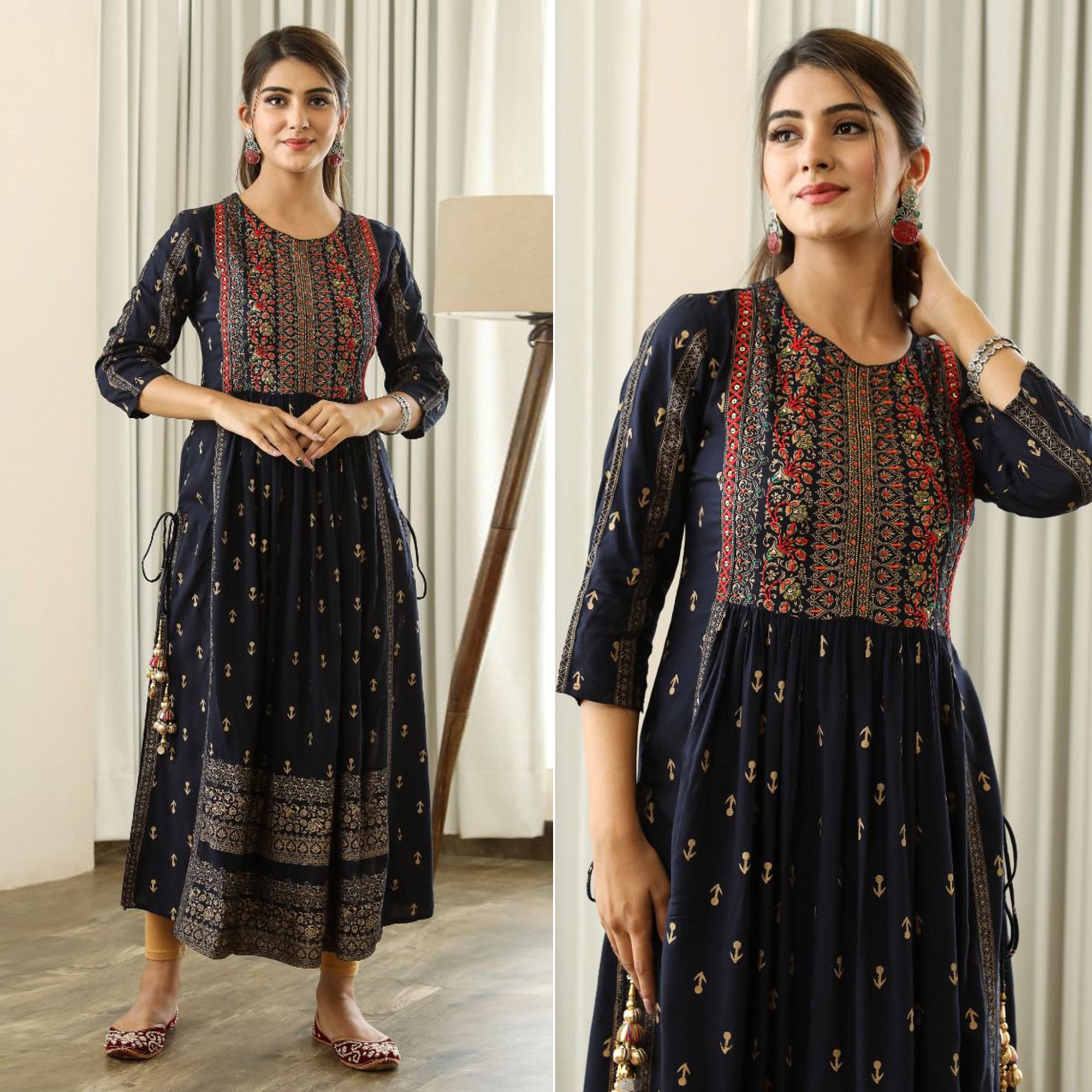 Black Printed With Embroidered Rayon Nair Cut Kurti