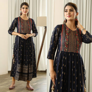 Black Printed With Embroidered Rayon Nair Cut Kurti