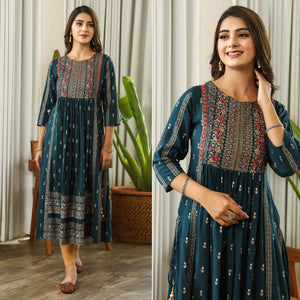 Rama Green Printed With Embroidered Rayon Naira Cut Kurti