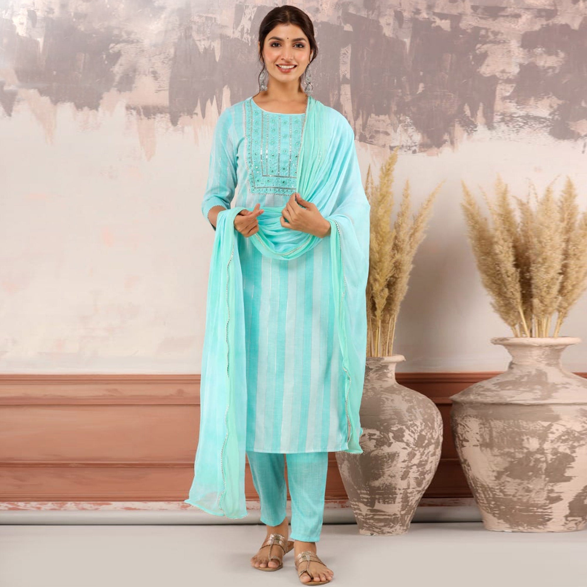 Blue Printed With Embroidered Rayon Salwar Suit