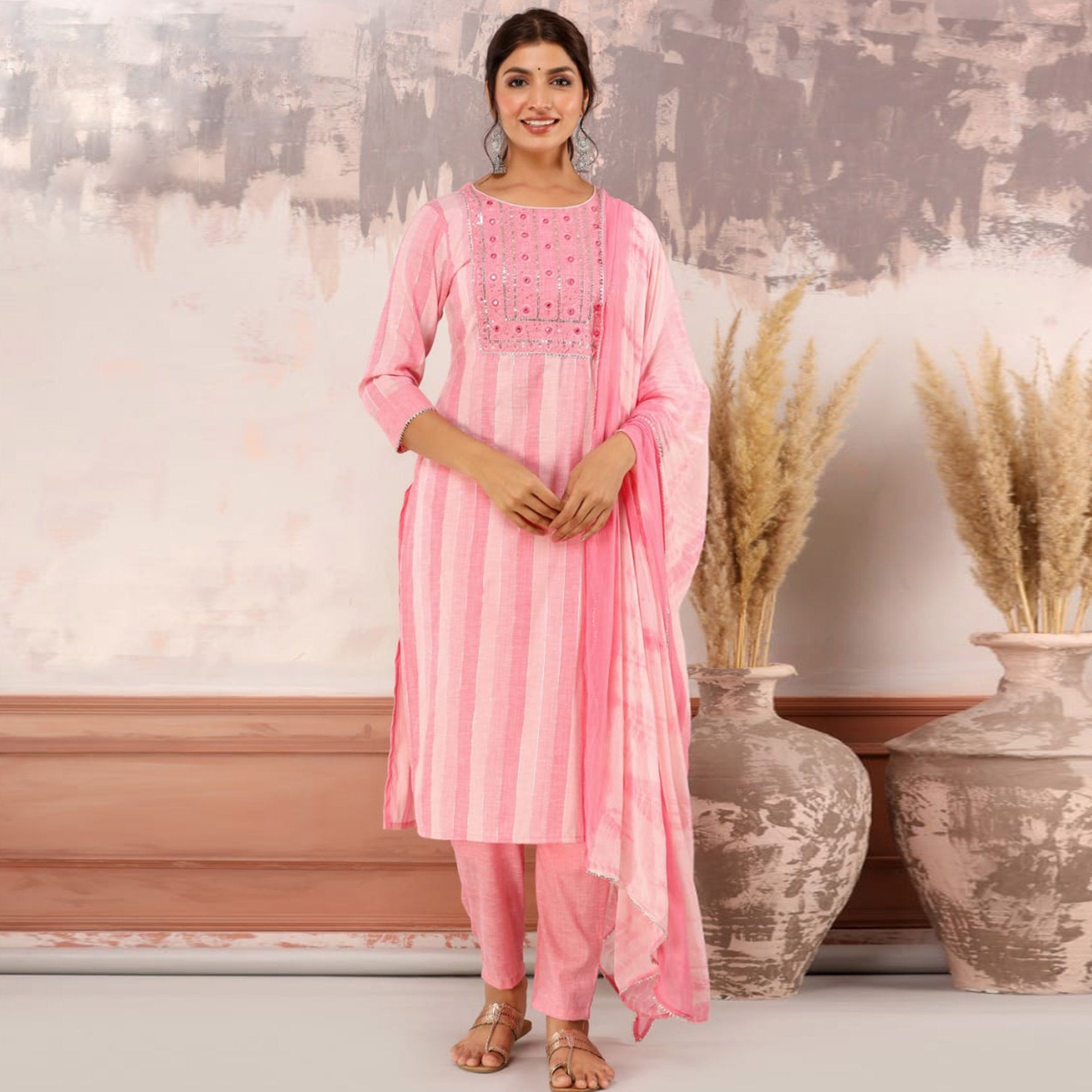 Pink Printed With Embroidered Rayon Salwar Suit