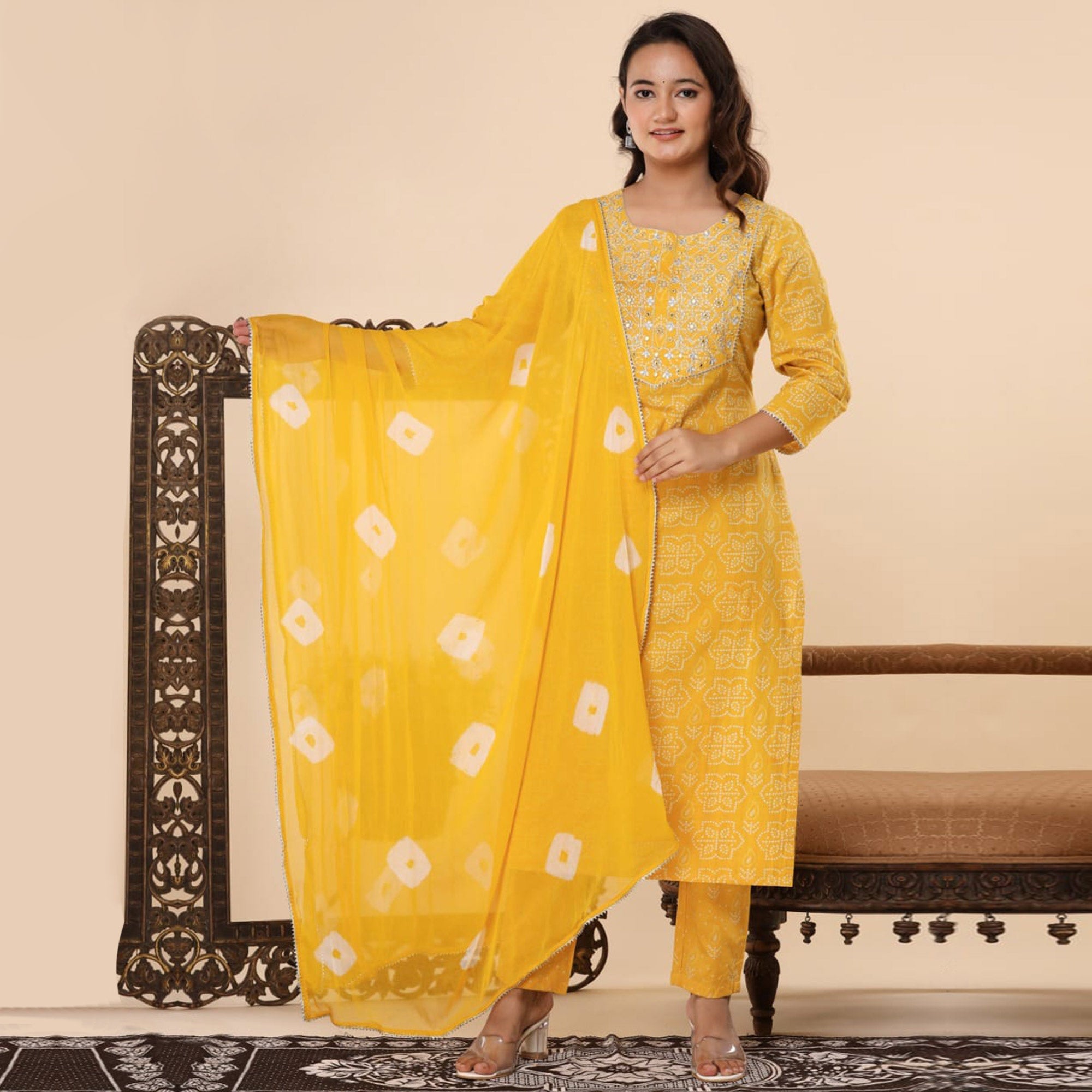 Yellow Printed With Embroidered Pure Cotton Salwar Suit