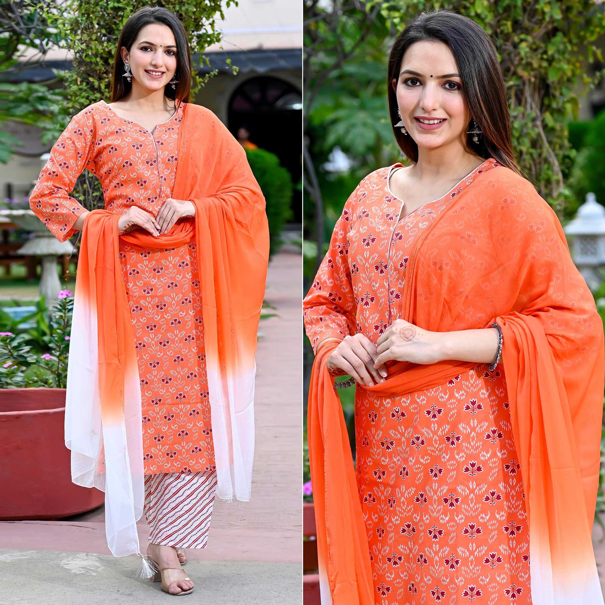 Orange Floral Printed Pure Cotton Salwar Suit