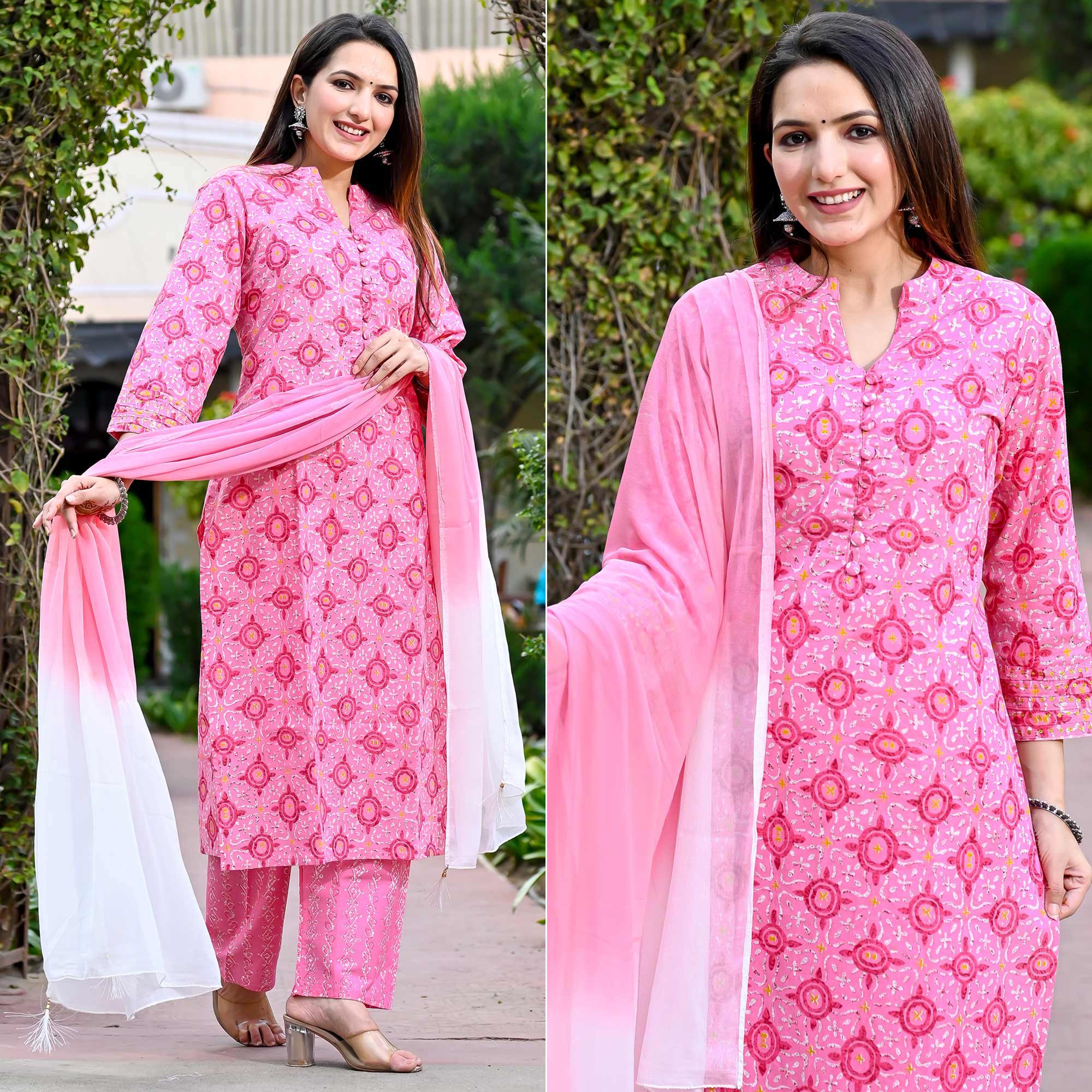 Pink Printed Pure Cotton Salwar Suit