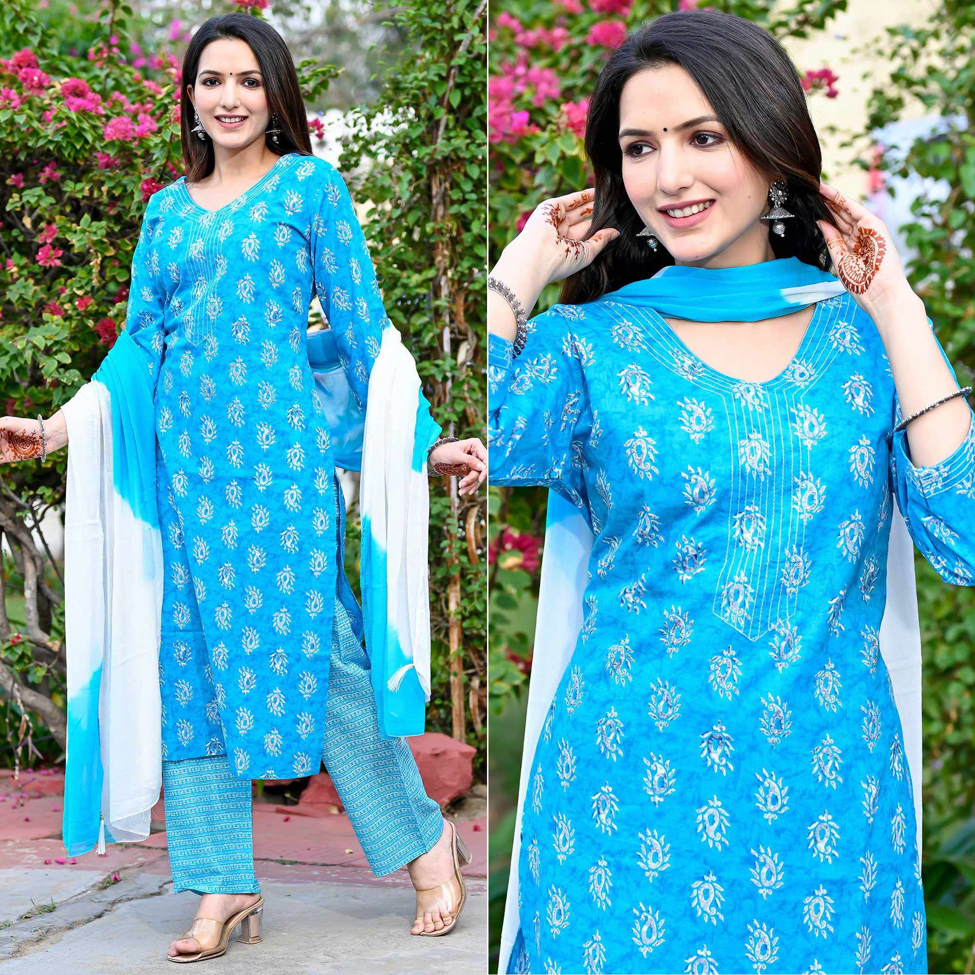 Blue Printed Pure Cotton Salwar Suit