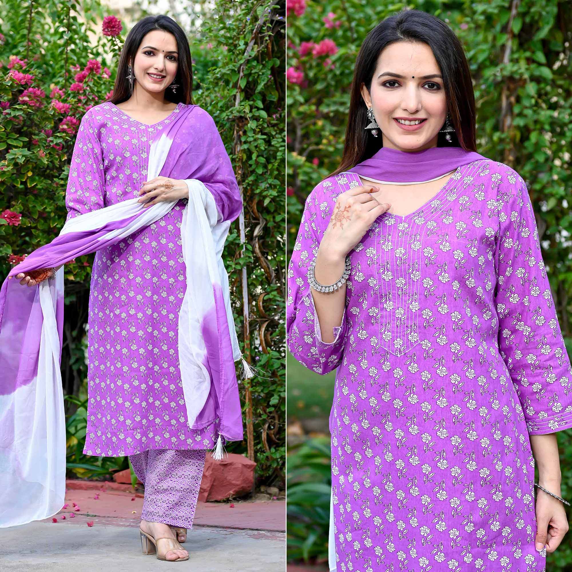 Purple Floral Printed Pure Cotton Salwar Suit