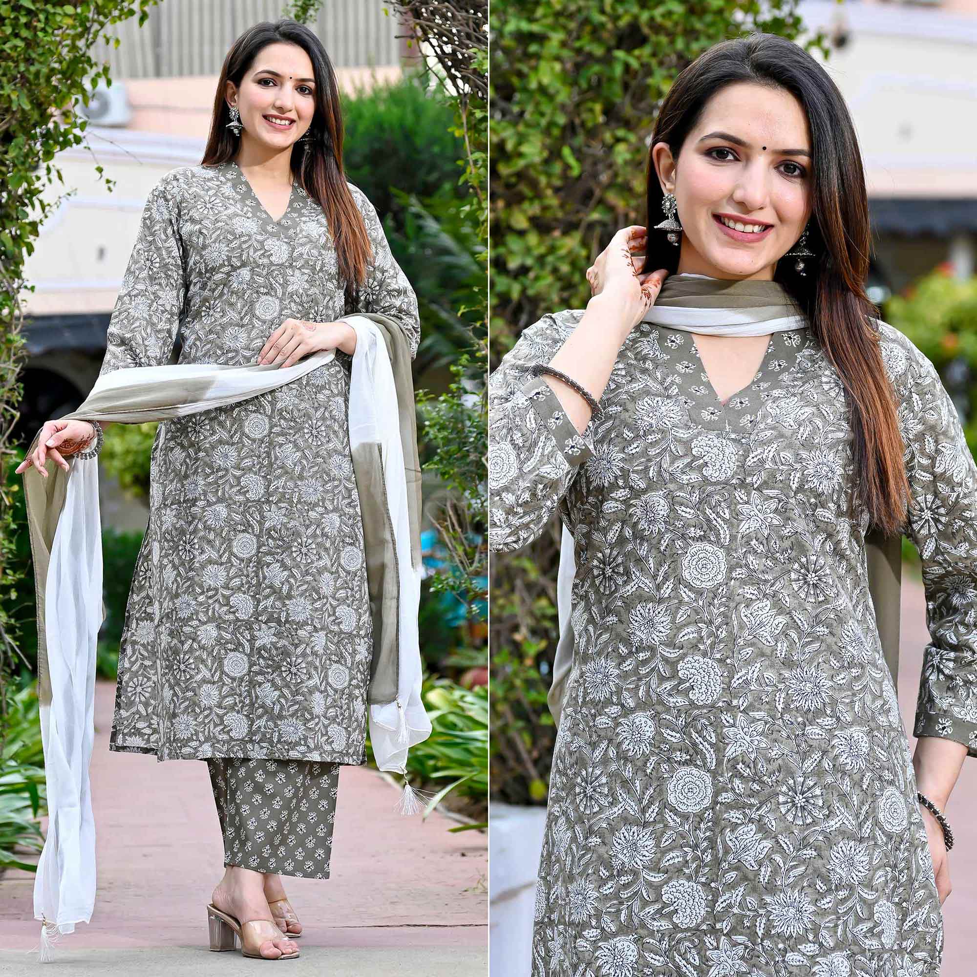 Grey Floral Printed Pure Cotton Salwar Suit