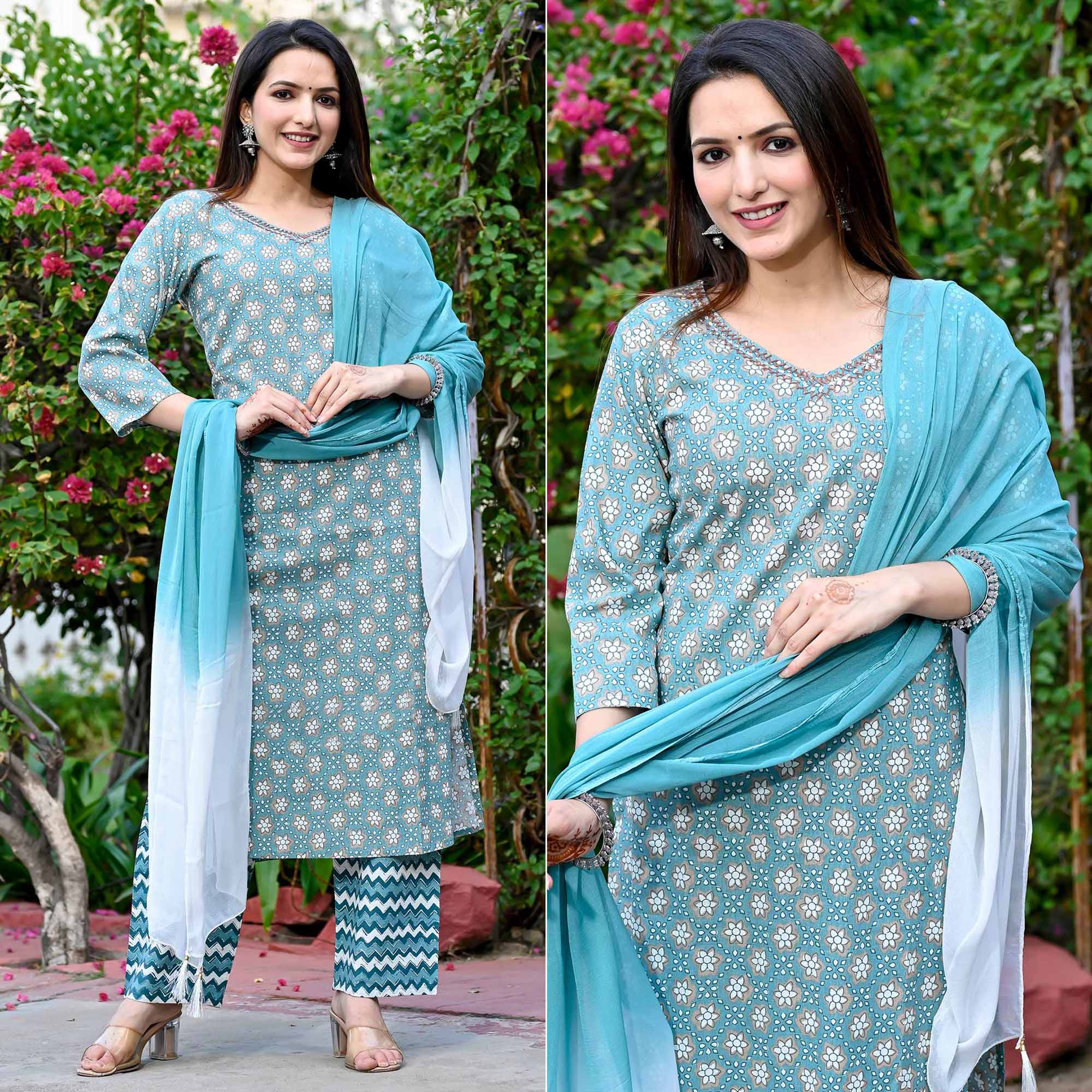 Blue Floral Printed Pure Cotton Salwar Suit