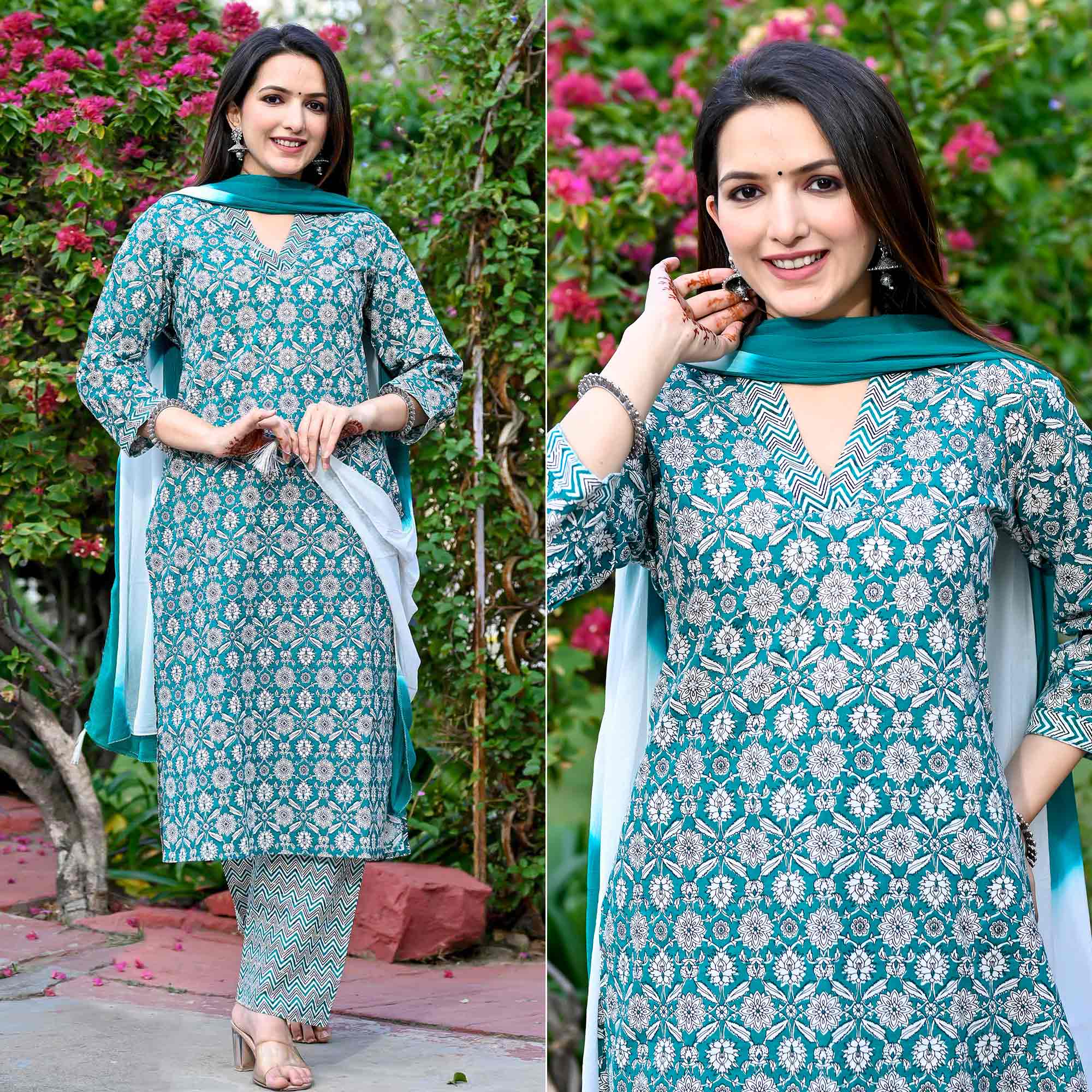 Green Floral Printed Pure Cotton Salwar Suit