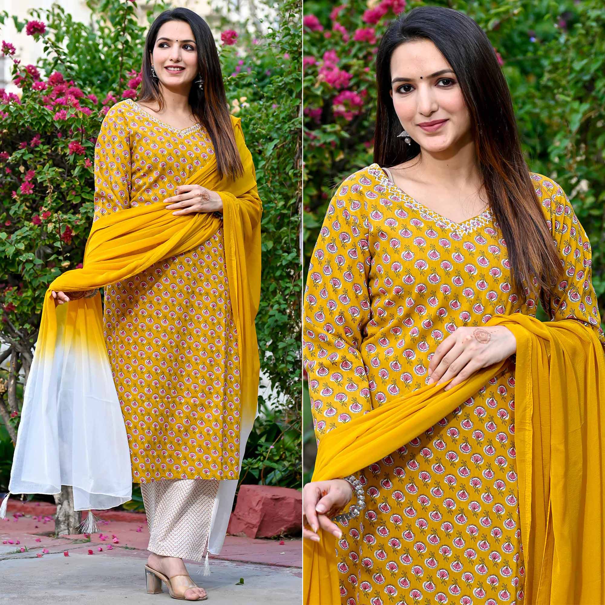 Mustard Floral Printed Pure Cotton Salwar Suit